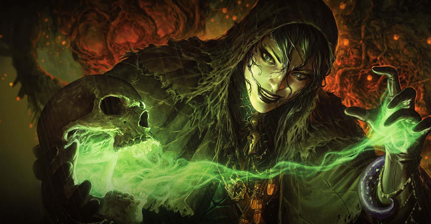 Green Witch, hooded dark figure, glowing green magic, HD Desktop Wallpaper