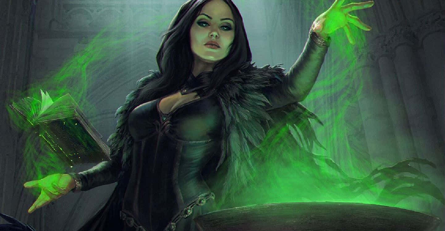 Green Witch, feathered cloak, glowing green magic, HD Desktop Wallpaper