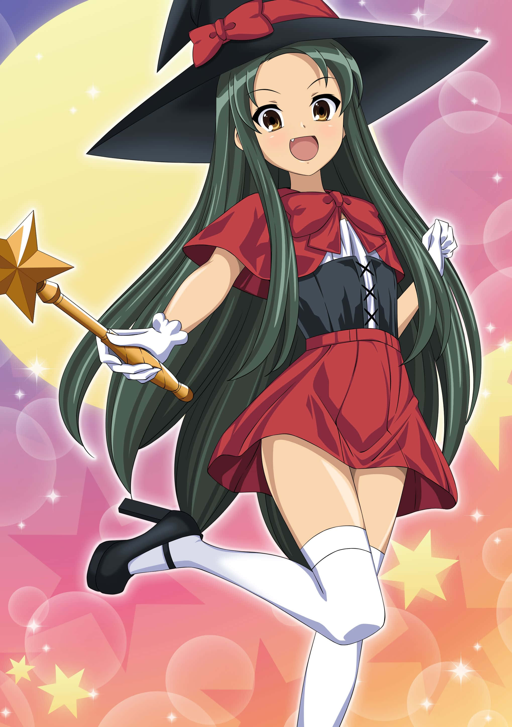 animated witch girl, long green hair, star-topped wand, 2K Phone Wallpaper