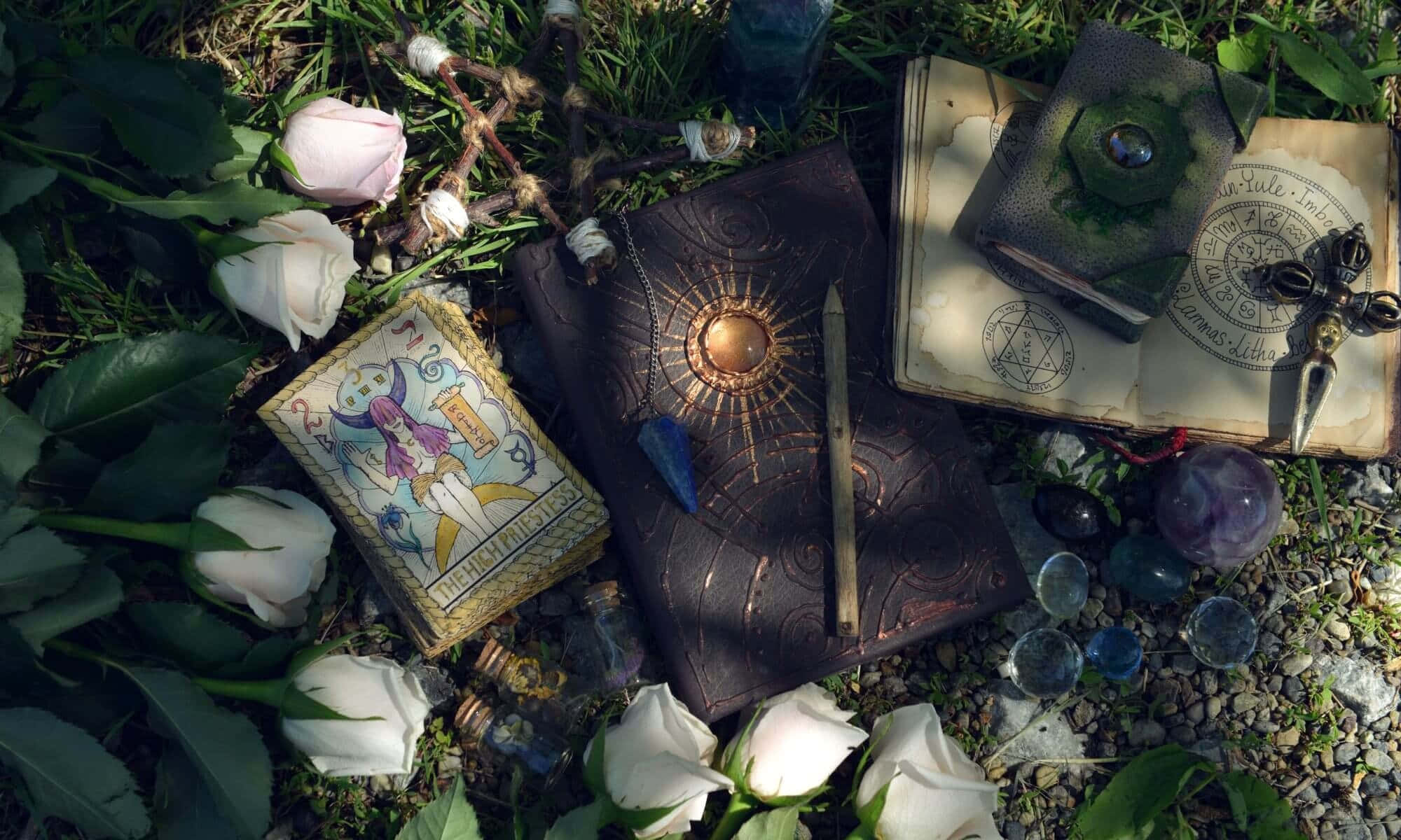 Green Witch, mystical books, crystals, Full HD Desktop Wallpaper