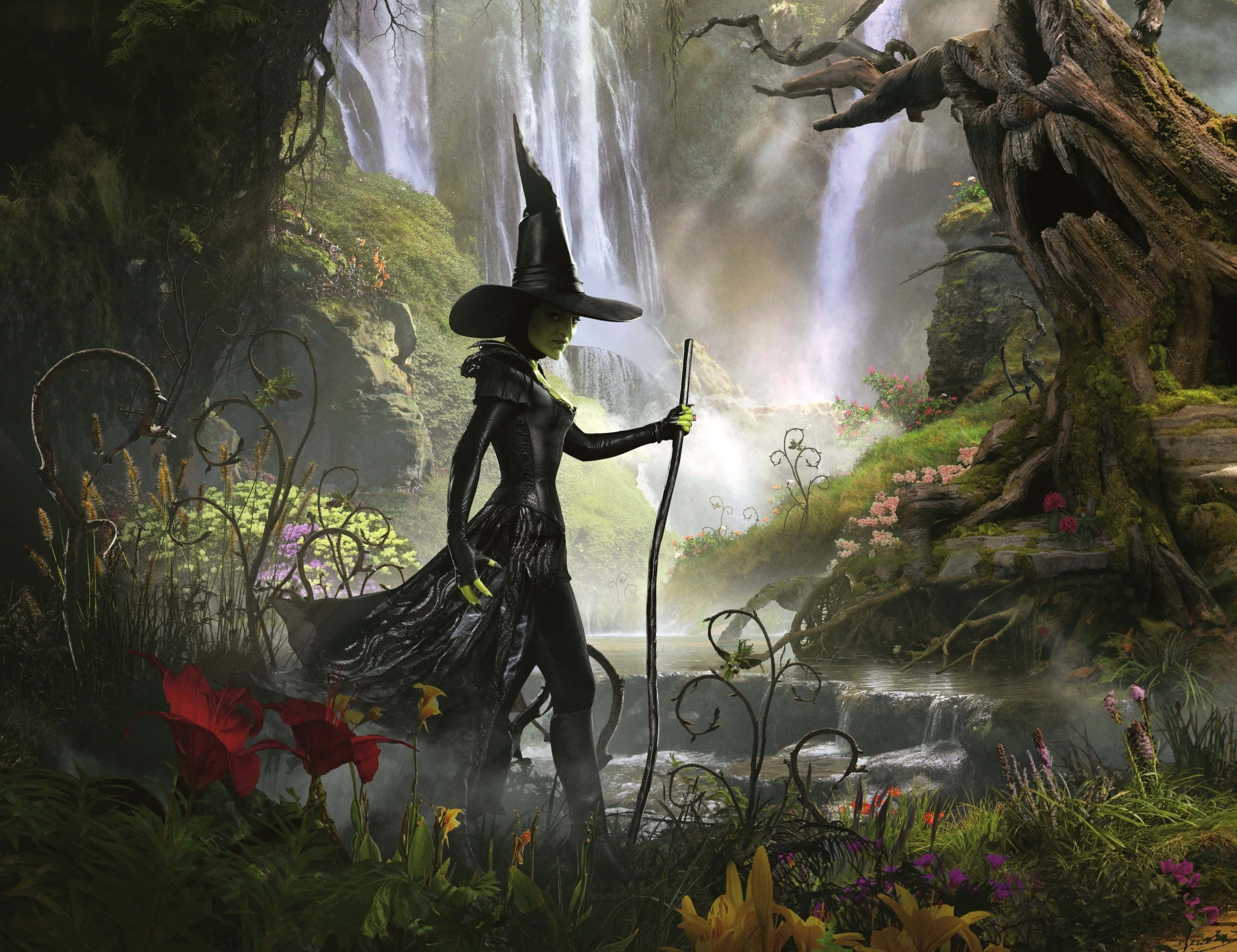 Green Witch, misty forest, cascading waterfall, 2K Desktop Wallpaper