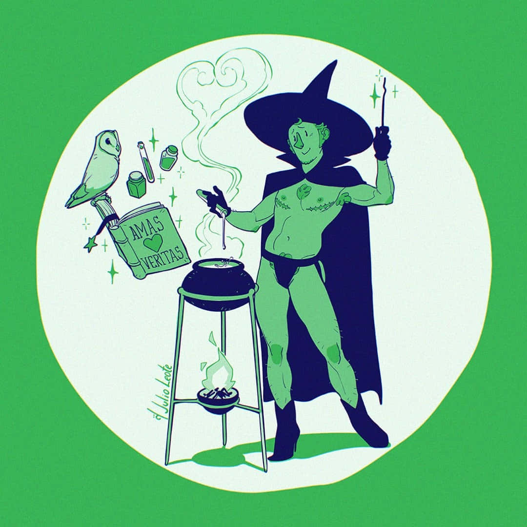 Green Witch, pointed hat, bubbling cauldron, SD Desktop Wallpaper