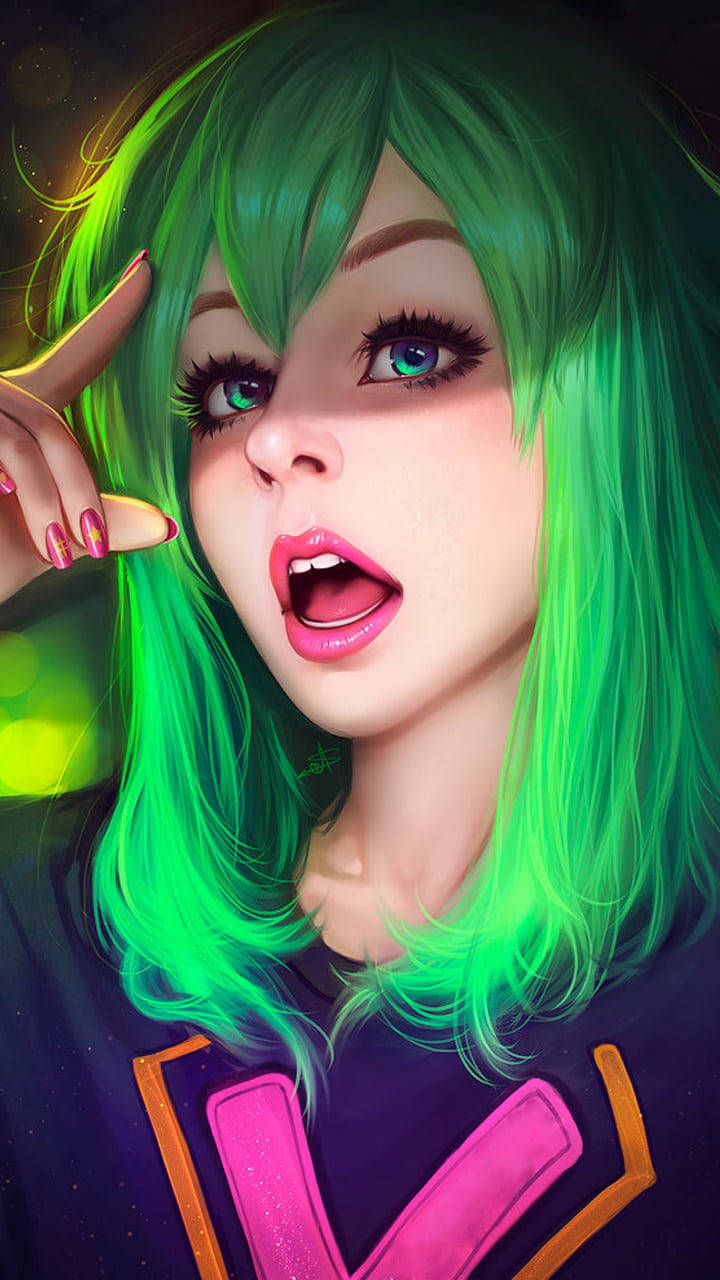 anime girl, glowing green hair, bright pink lips, HD Phone Wallpaper