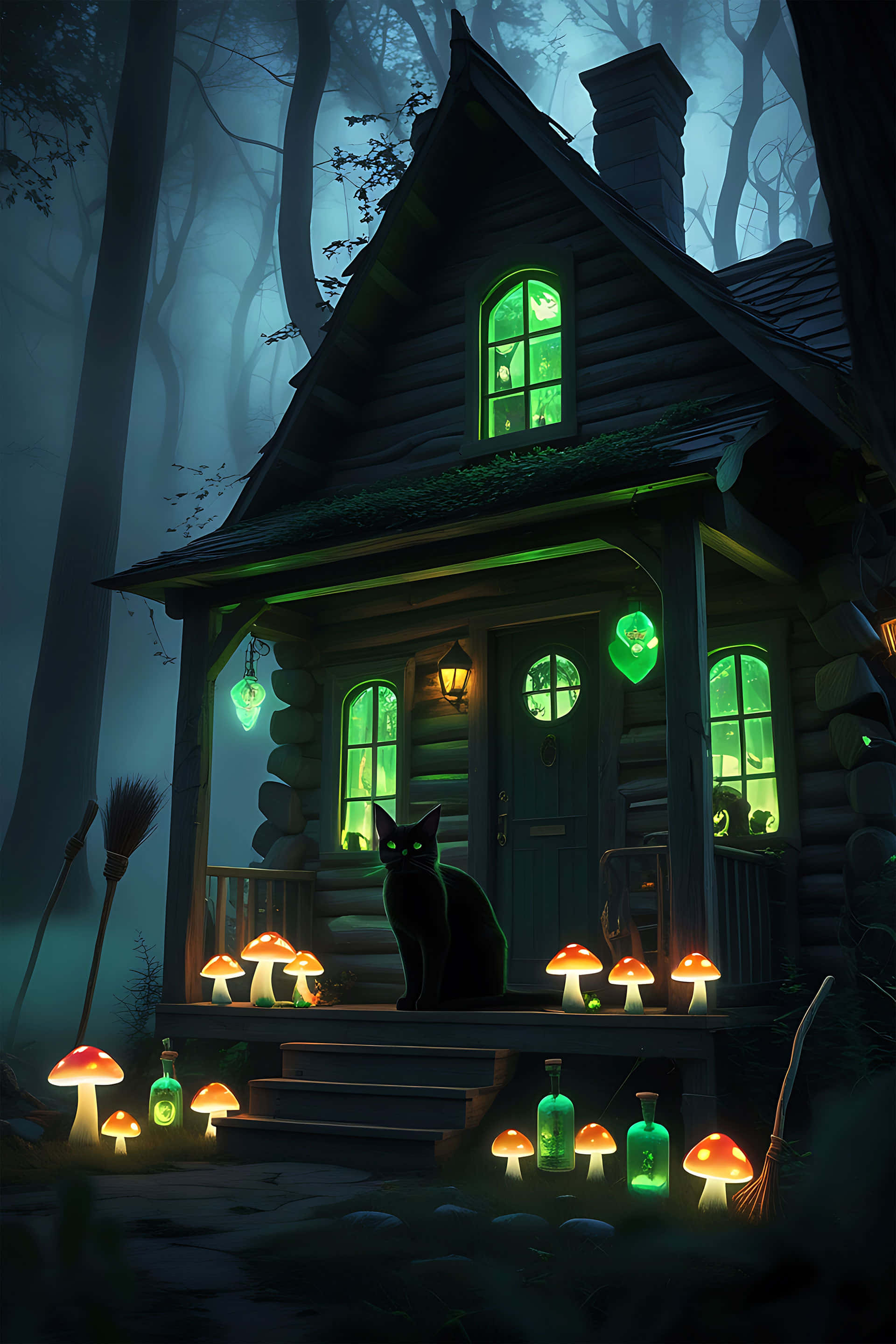 enchanted forest cottage, misty forest, green light, 2K Phone Wallpaper