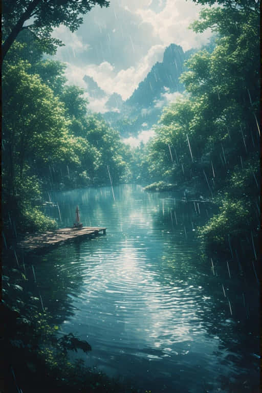 rainy lake, green forest, lush green trees, SD Phone Wallpaper