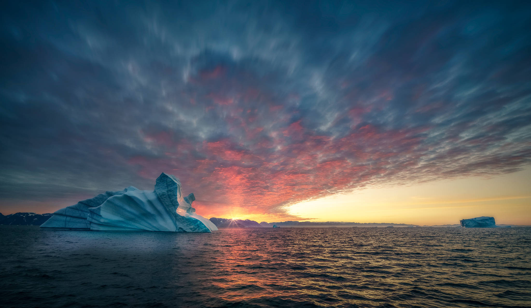 Greenland Sea, sunset, fiery sunset sky, Full HD Desktop Wallpaper