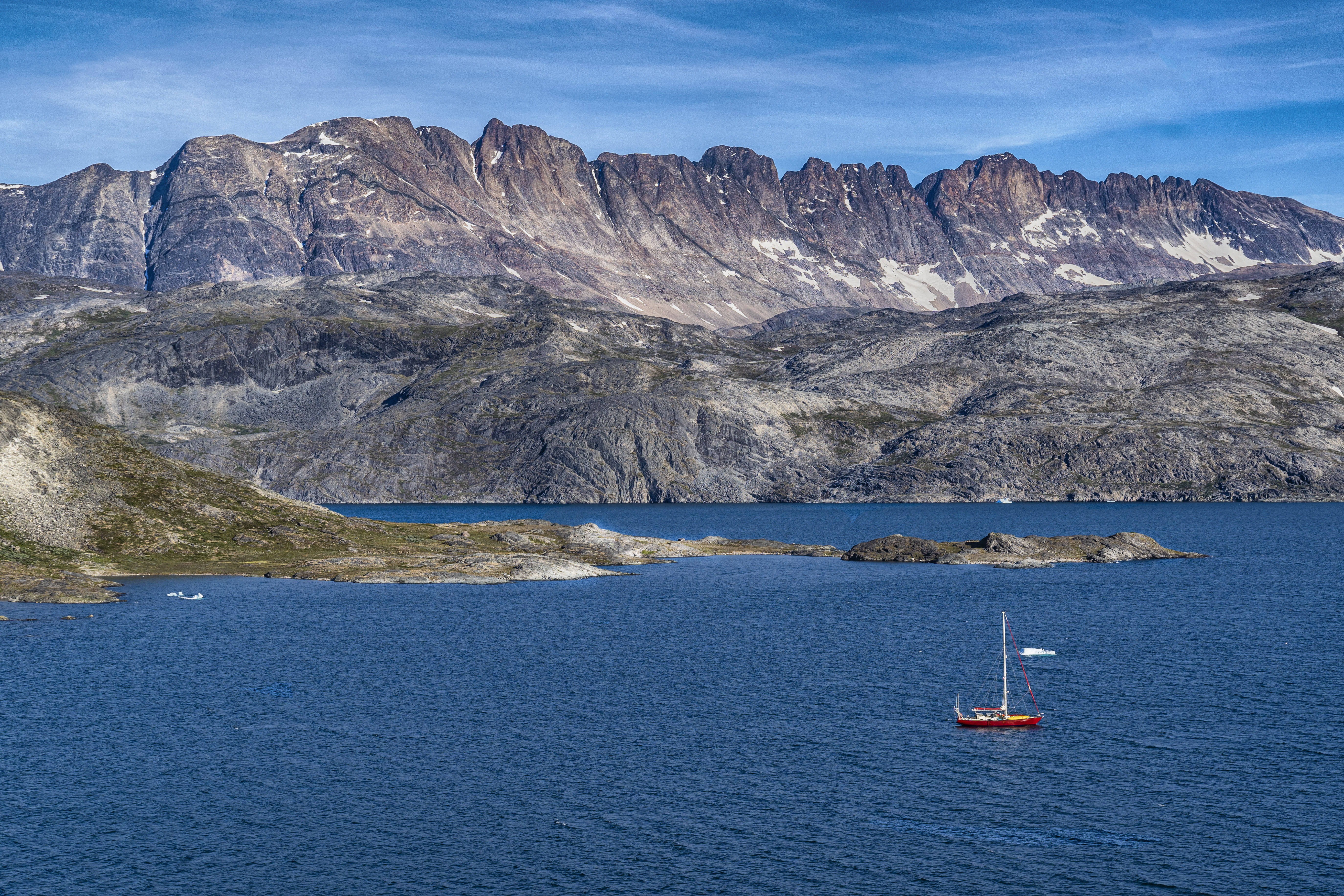 Gray Mountains, Greenland Sea, red sailboat, 5K Desktop Wallpaper