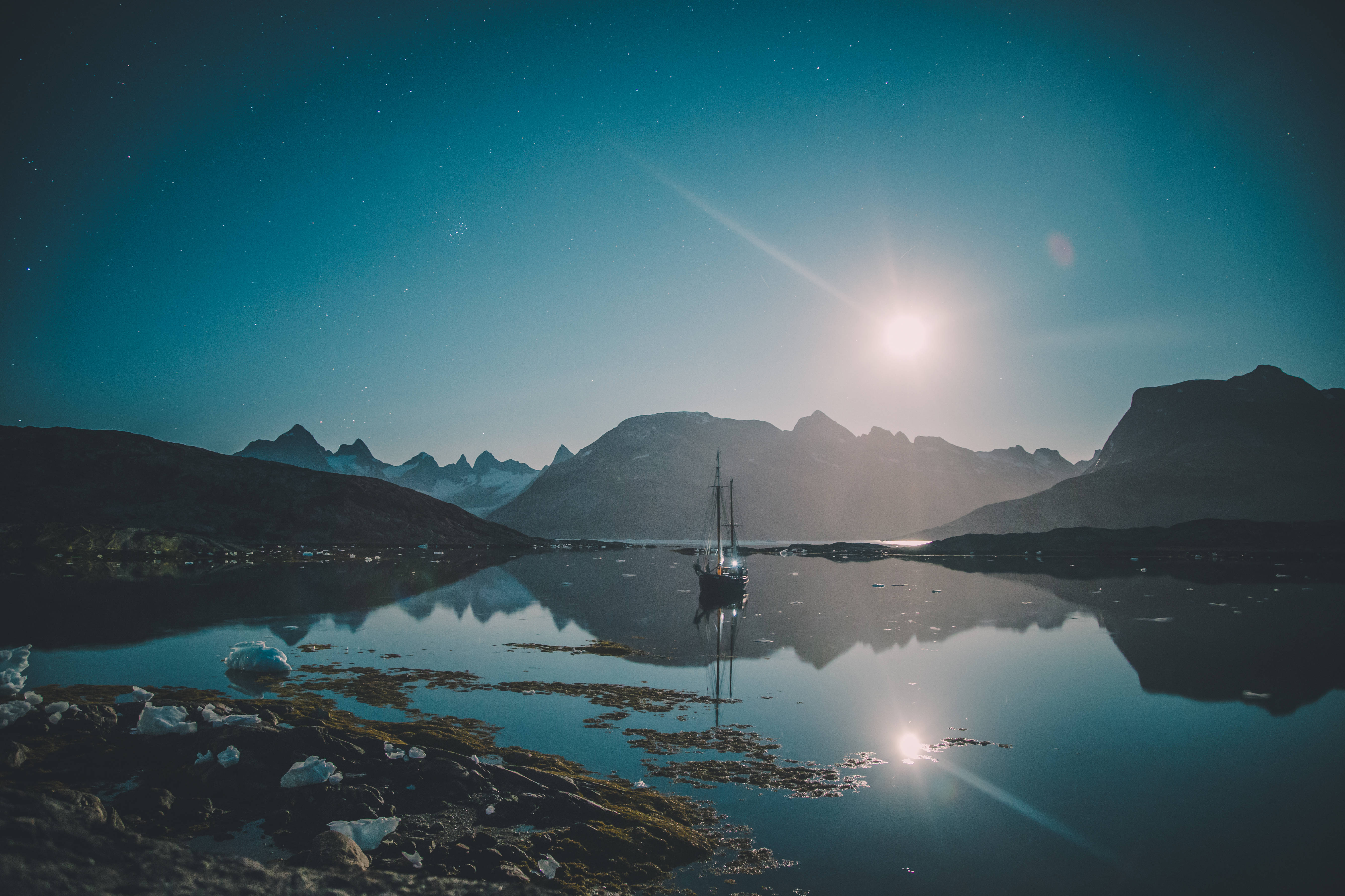 moon lit sailboat, Greenland, glassy fjord, 5K Desktop Wallpaper