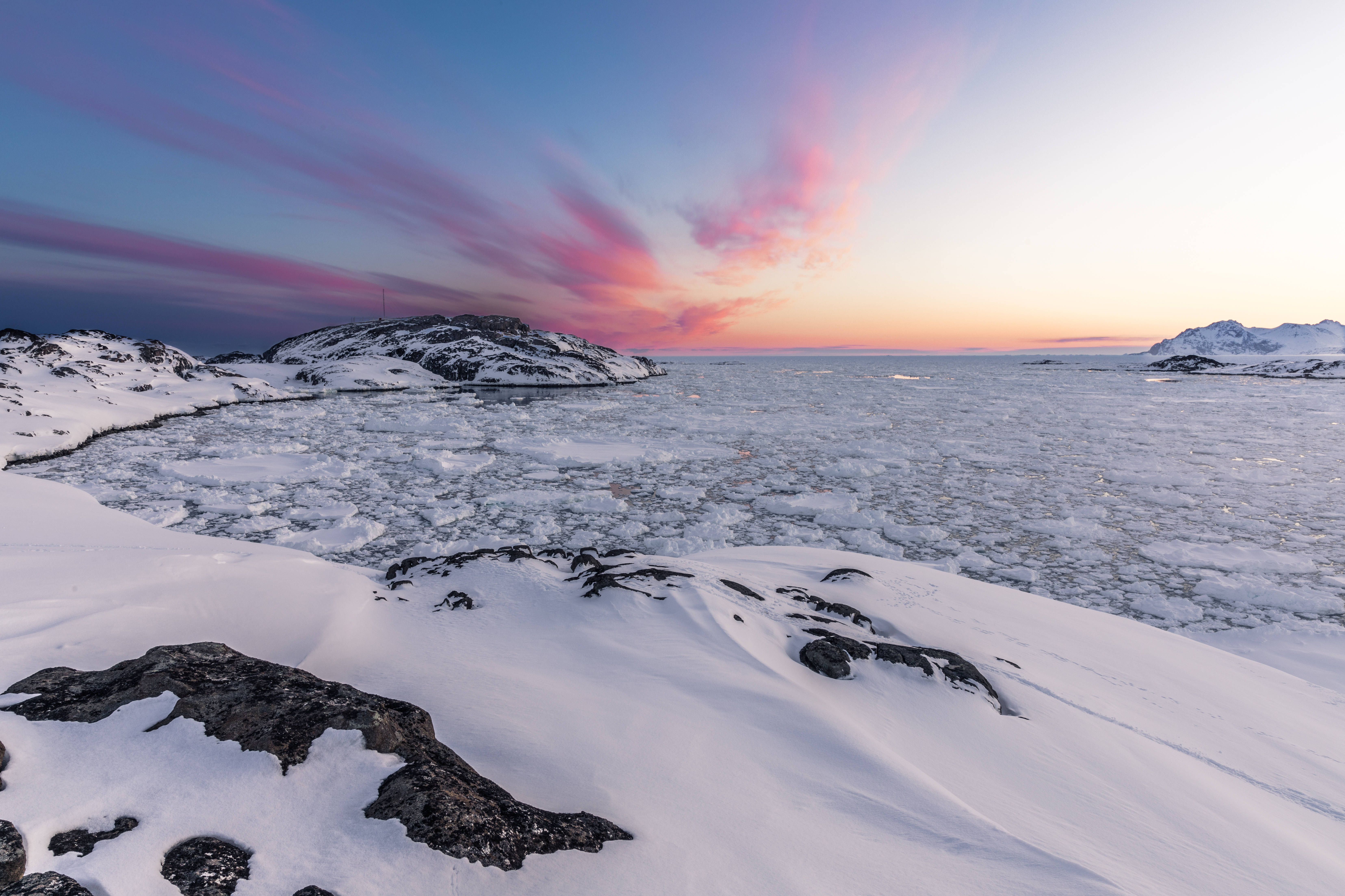 Greenland, frozen coastal landscape, sunset, 5K Desktop Wallpaper