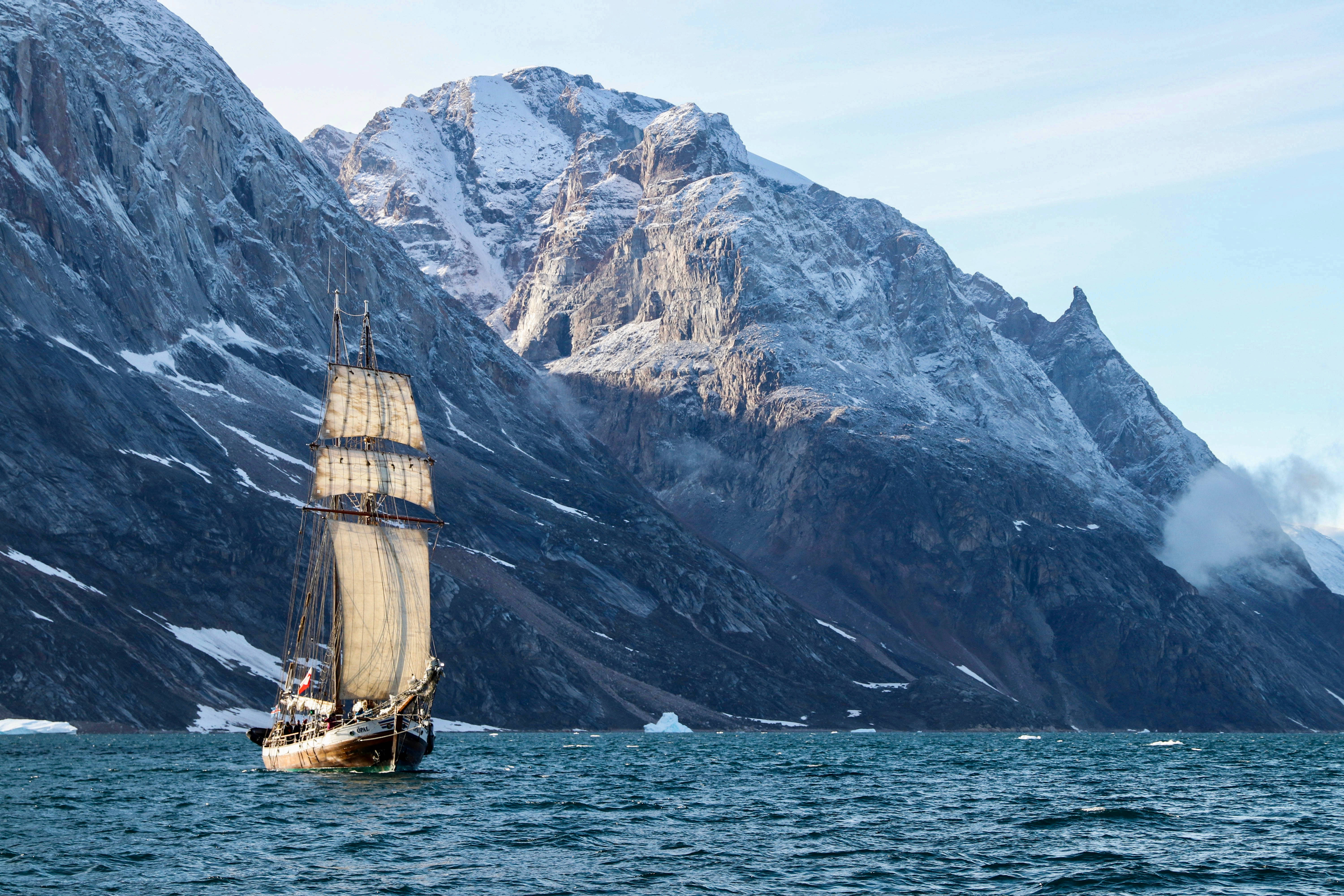 Greenland, vintage ship, icy waters, 5K Desktop Wallpaper