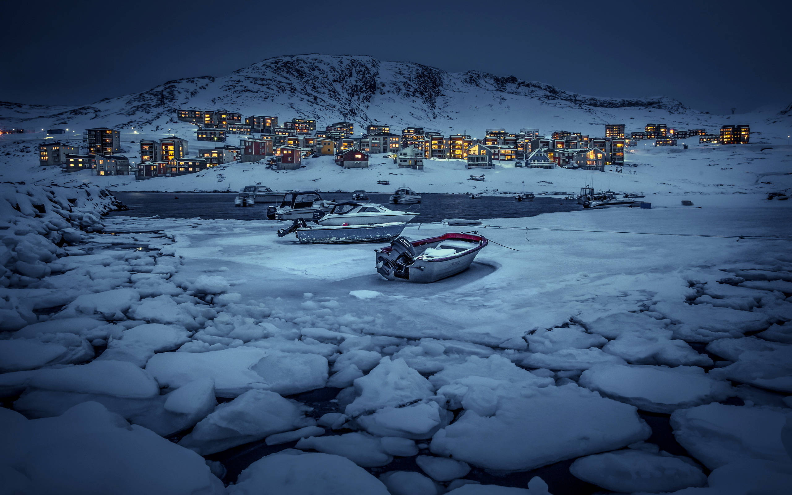 Greenland, night, snow-covered boats, 2K Desktop Wallpaper