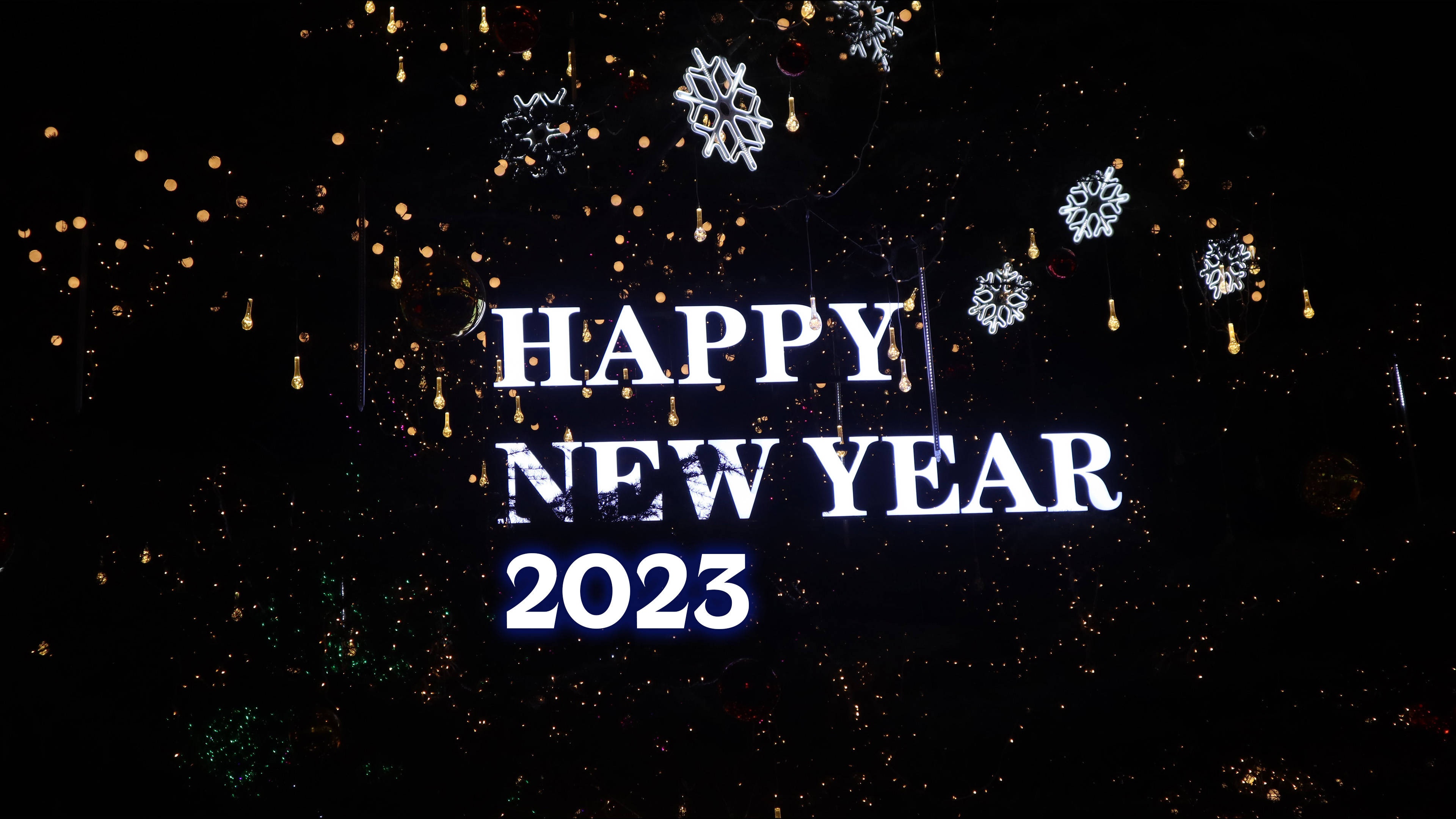 HAPPY NEW YEAR 2023, sparkling gold lights, snowflake ornaments, 4K Desktop Wallpaper