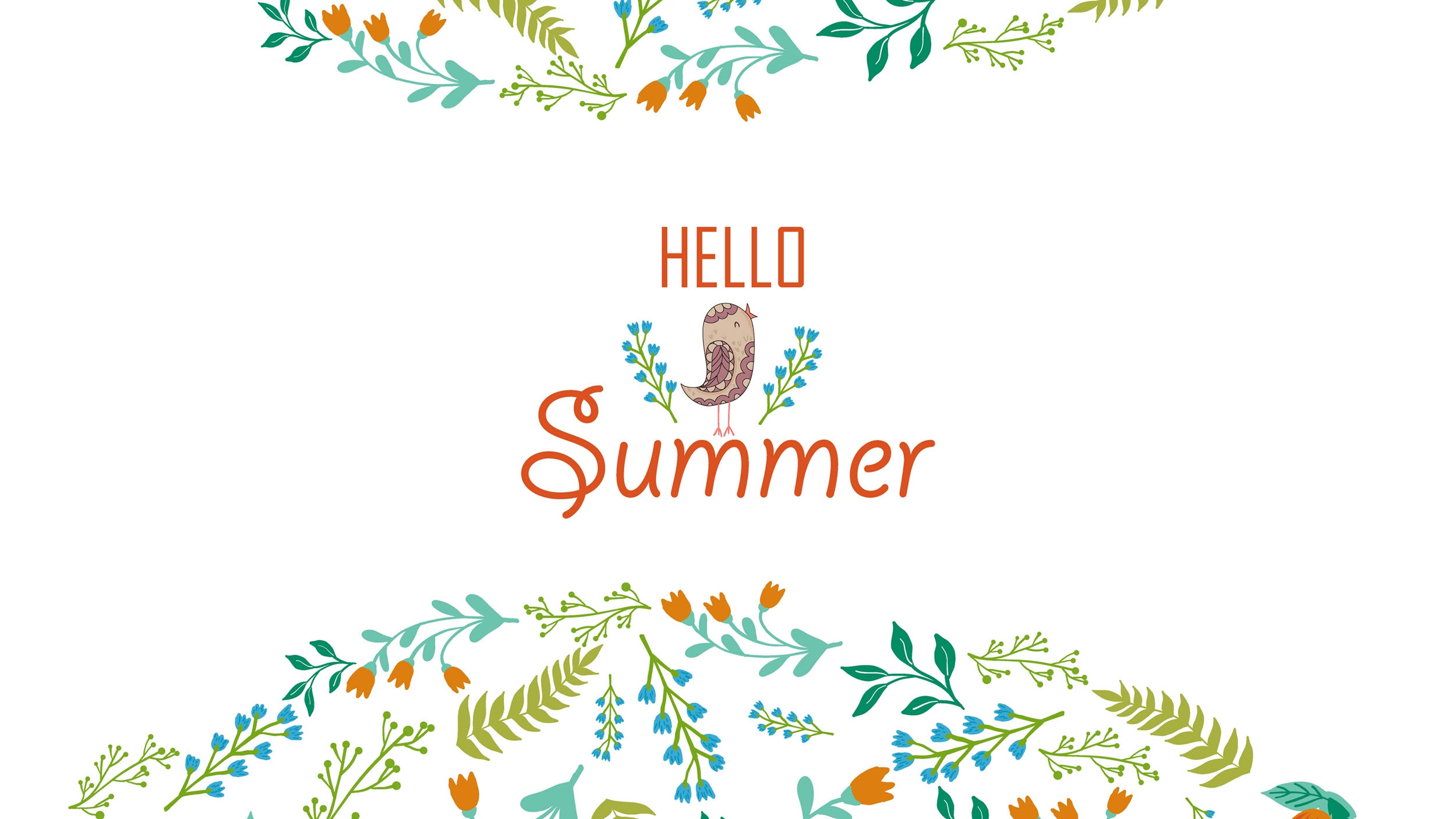 Hello Summer, floral wreaths, birds, Full HD Desktop Wallpaper