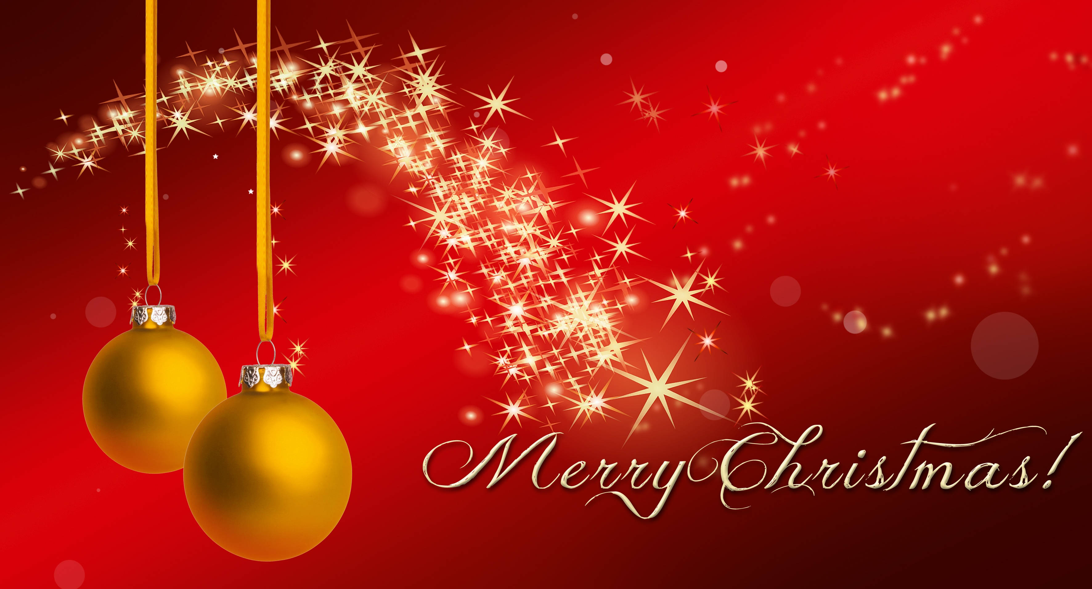 vibrant red background, golden Christmas ornaments, sparkling starbursts, 2K Desktop Wallpaper