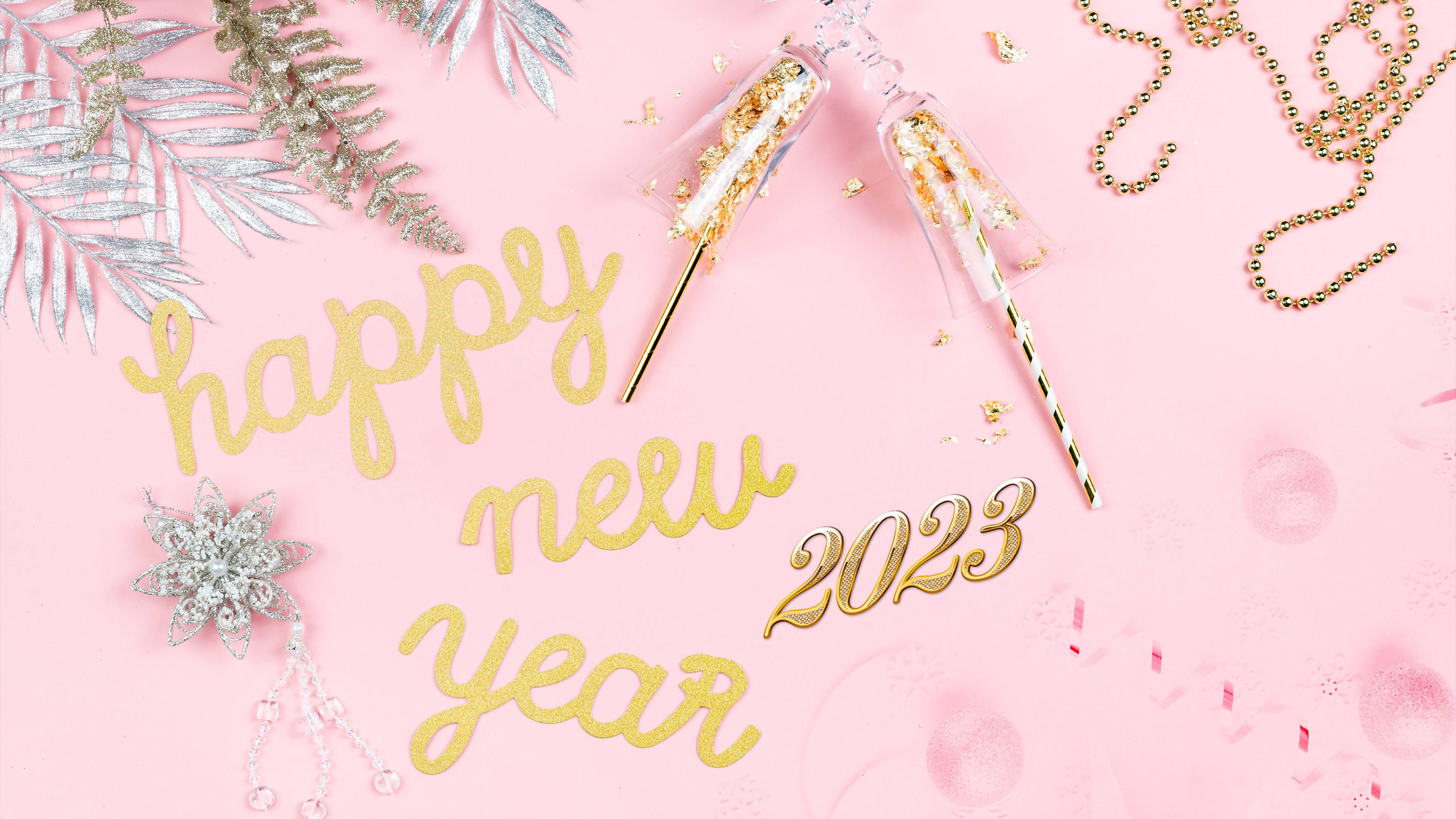 glittery gold, happy new year 2023, pink background, 4K Desktop Wallpaper