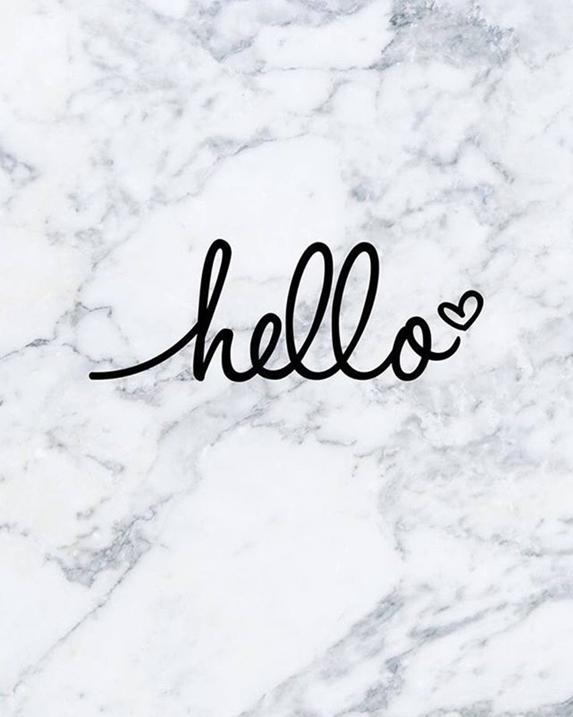 black cursive hello, heart accent, white and gray veined marble background, Full HD Phone Wallpaper