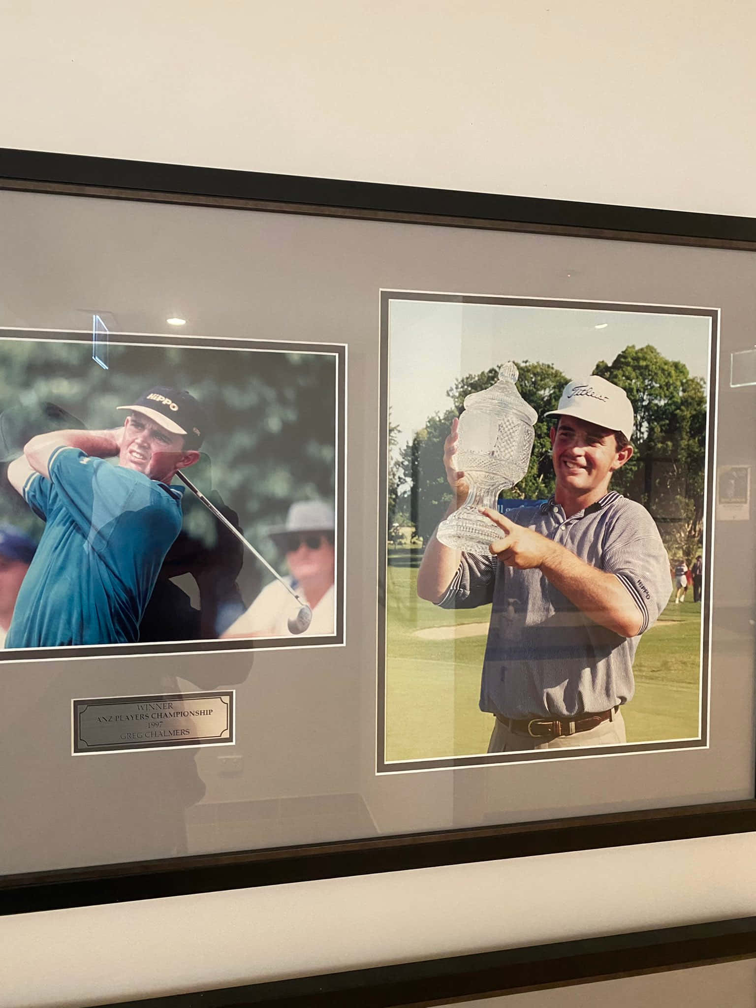 Greg Chalmers, golfer mid-swing, holding a trophy, Full HD Phone Wallpaper