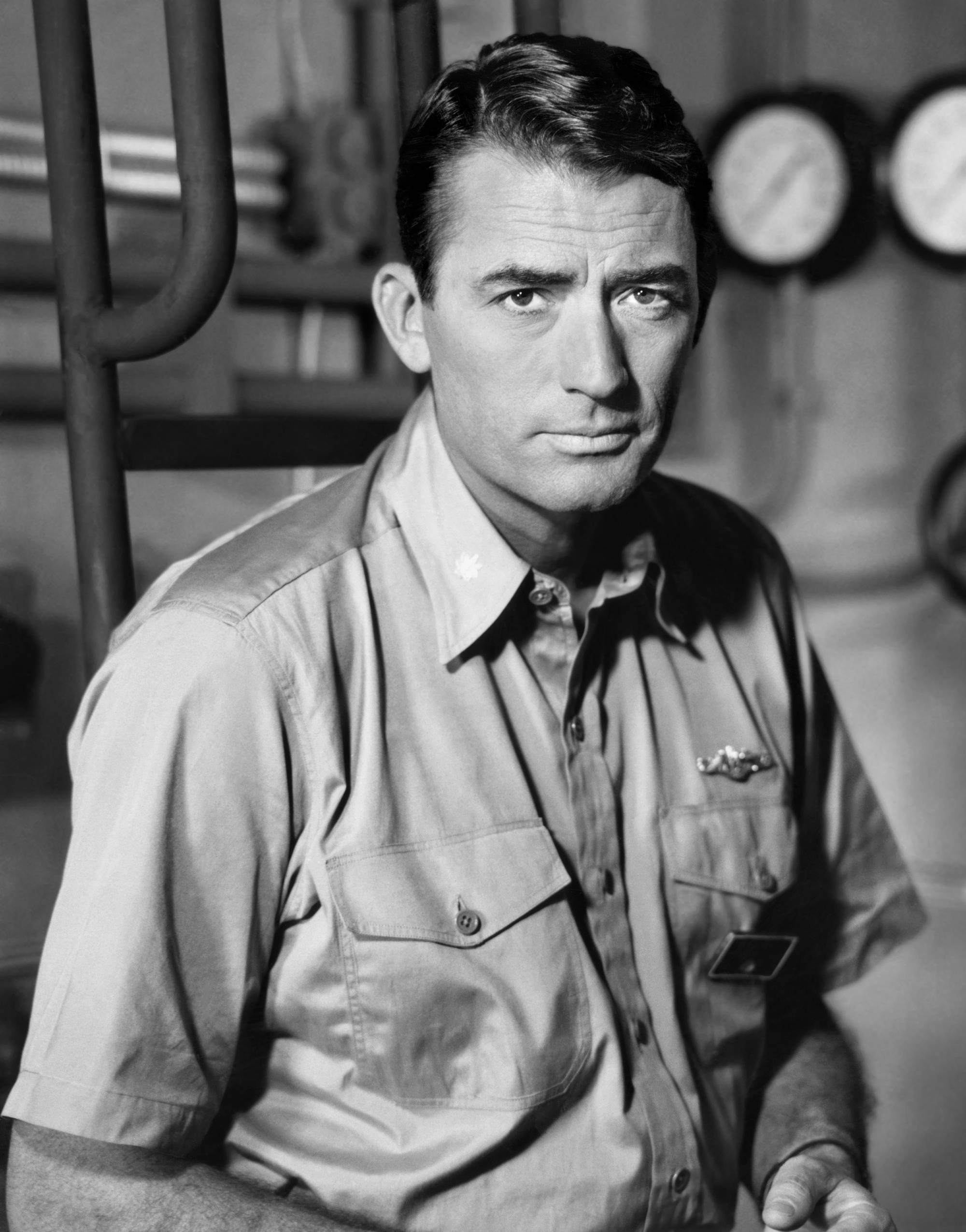 Gregory Peck, military uniform, dimly lit industrial setting, Full HD Phone Wallpaper