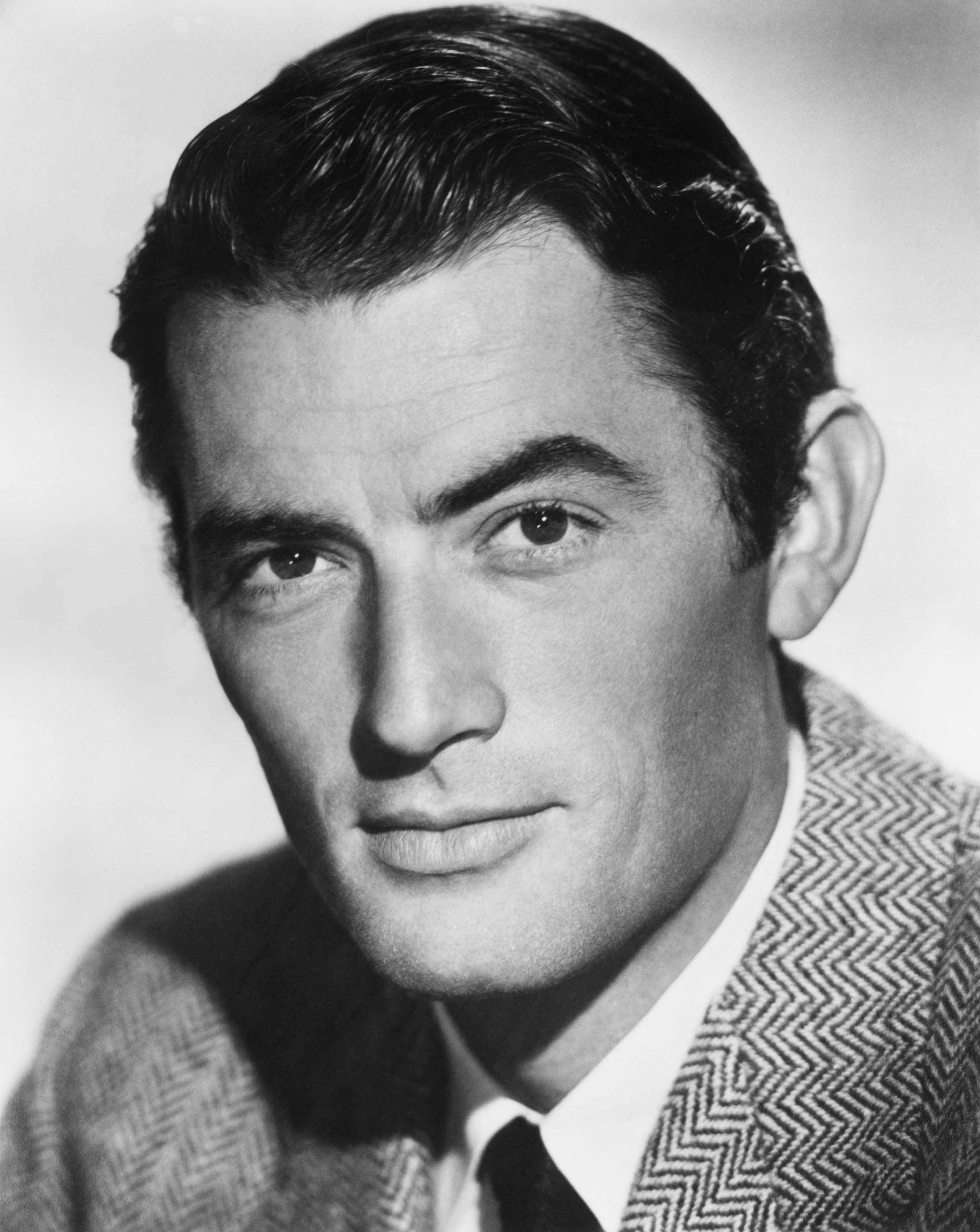 Gregory Peck, herringbone jacket, black and white portrait, 2K Phone Wallpaper