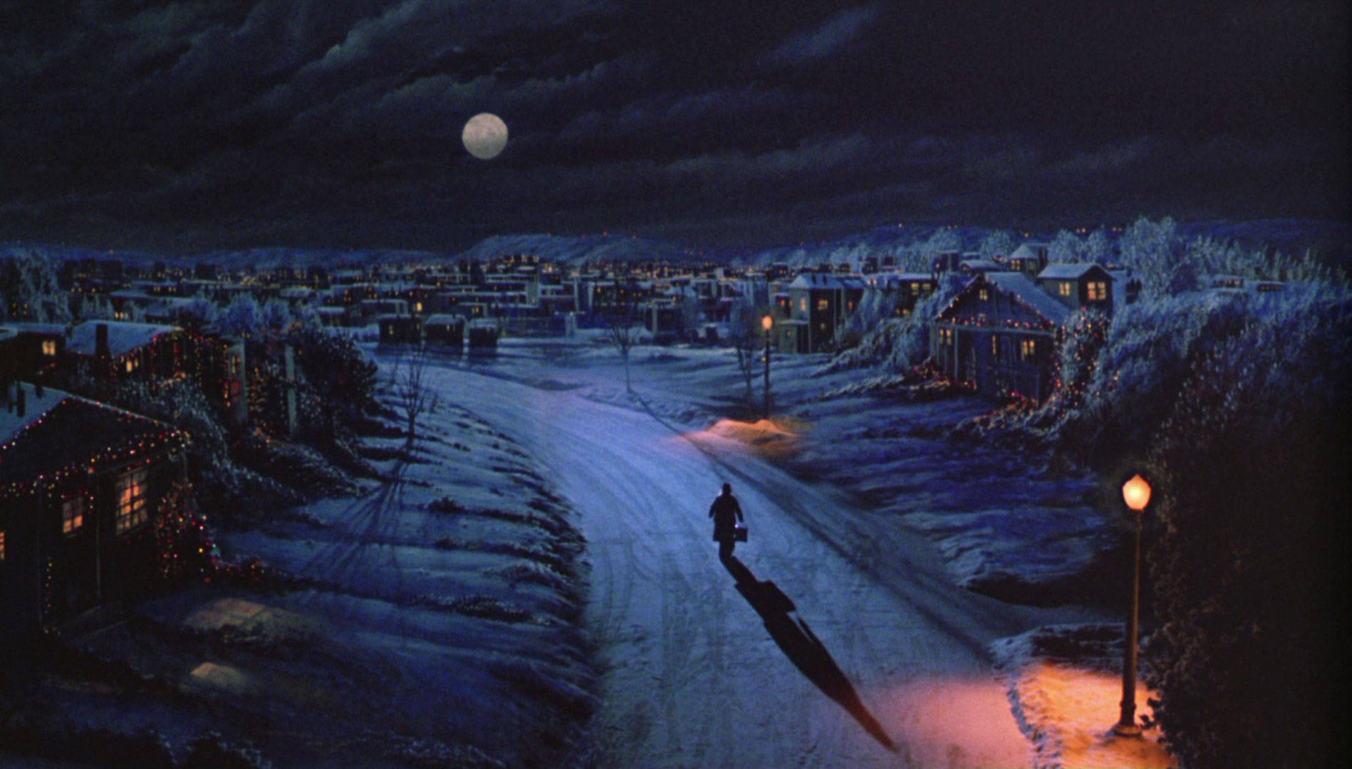 Gremlins, full moon, snow-covered street, HD Desktop Wallpaper