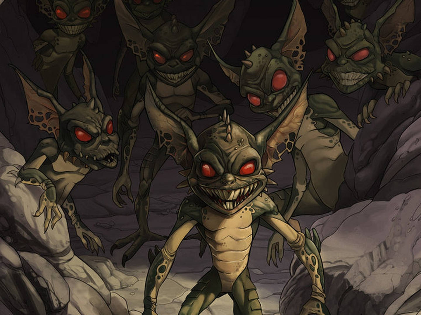 Gremlins, goblin-like creatures, glowing red eyes, HD Desktop Wallpaper