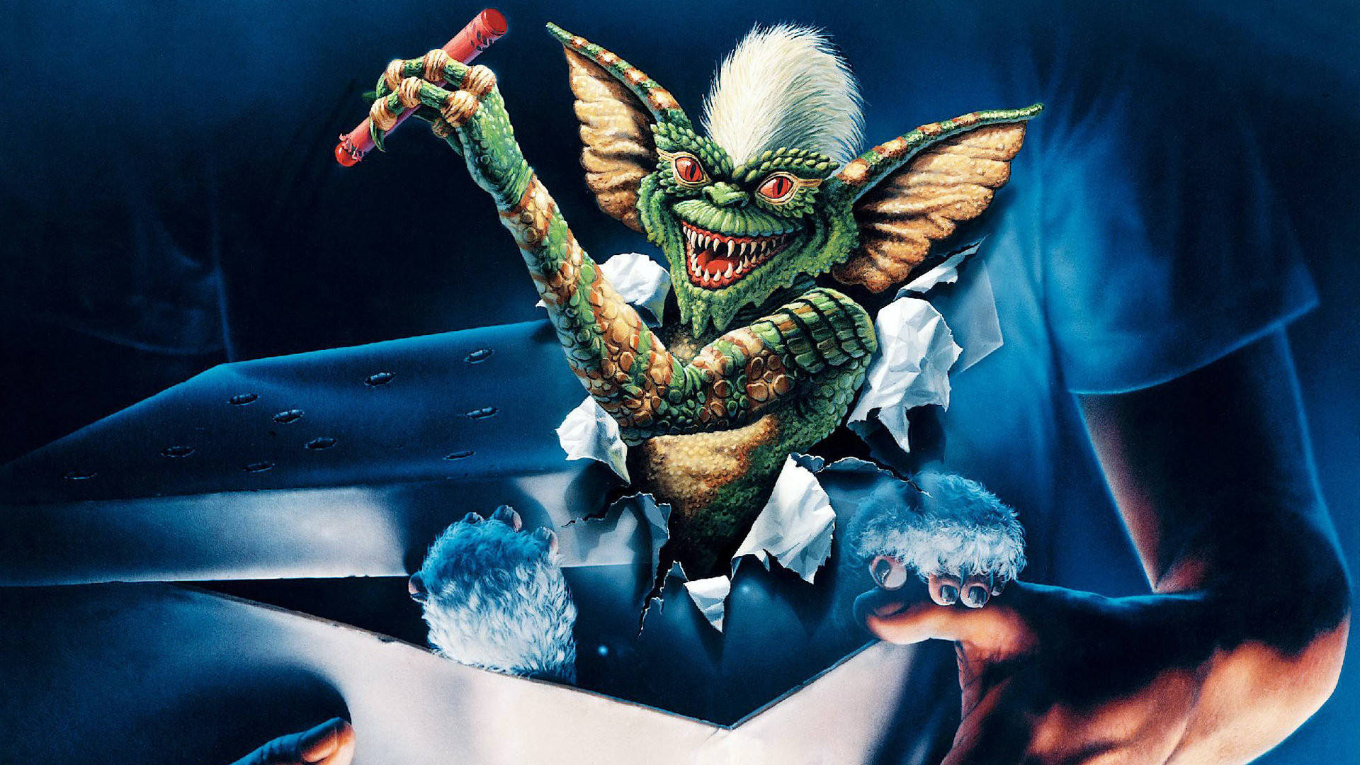 Gremlins, green goblin, red eyes, Full HD Desktop Wallpaper
