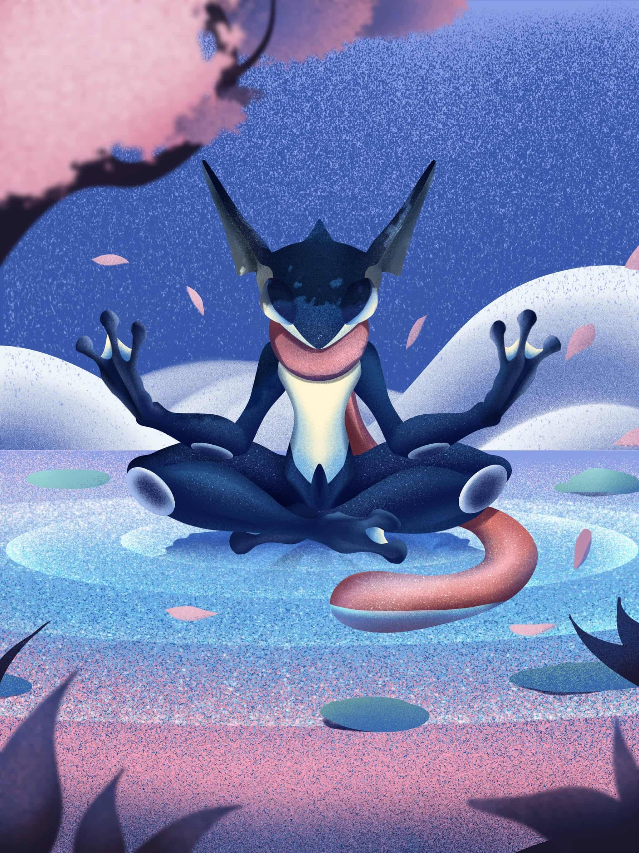 Greninja, twilight sky, glittering pond, 2K Phone Wallpaper