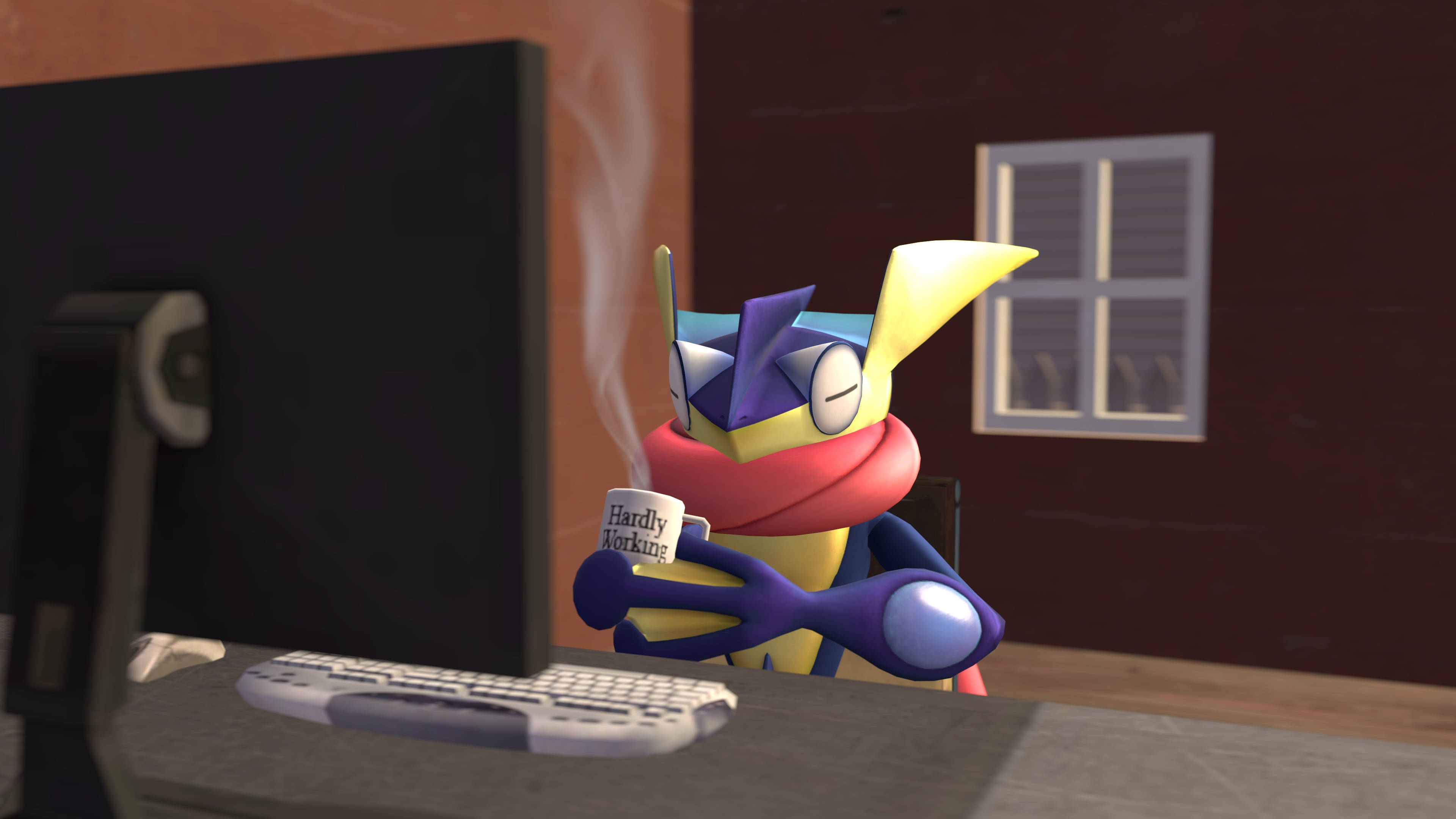 Greninja, blue and yellow creature, red scarf, 4K Desktop Wallpaper