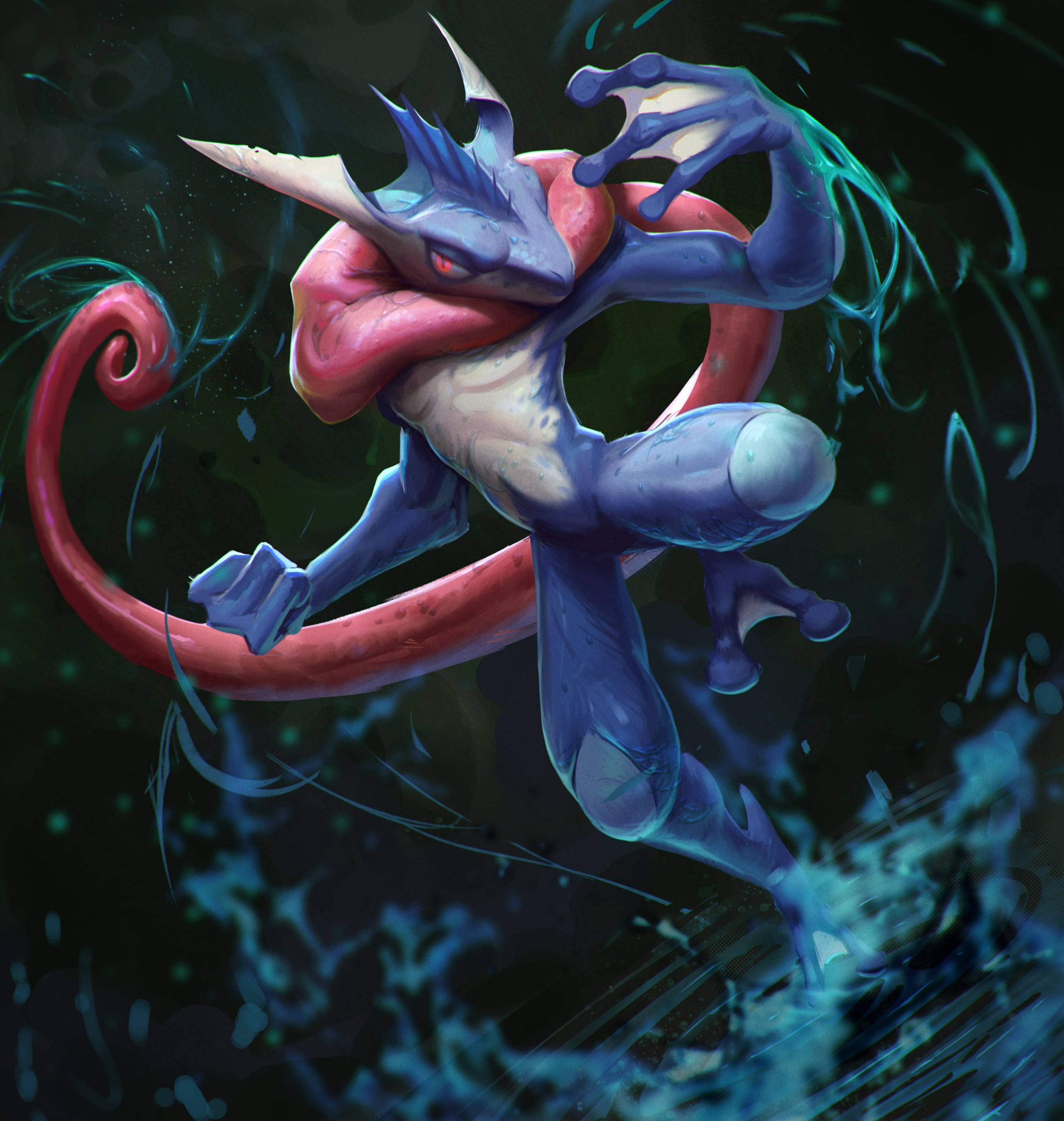 Greninja, blue and red, glowing eyes, 2K Phone Wallpaper