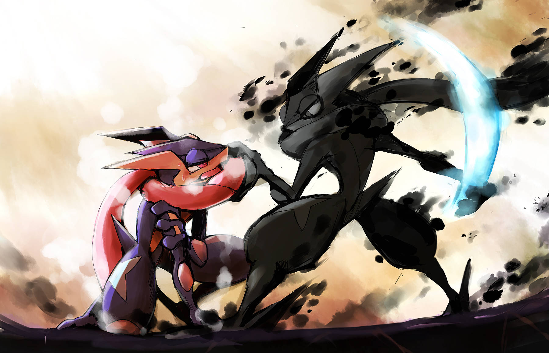 Greninja, anime-style, glowing blue energy slash, HD Desktop Wallpaper