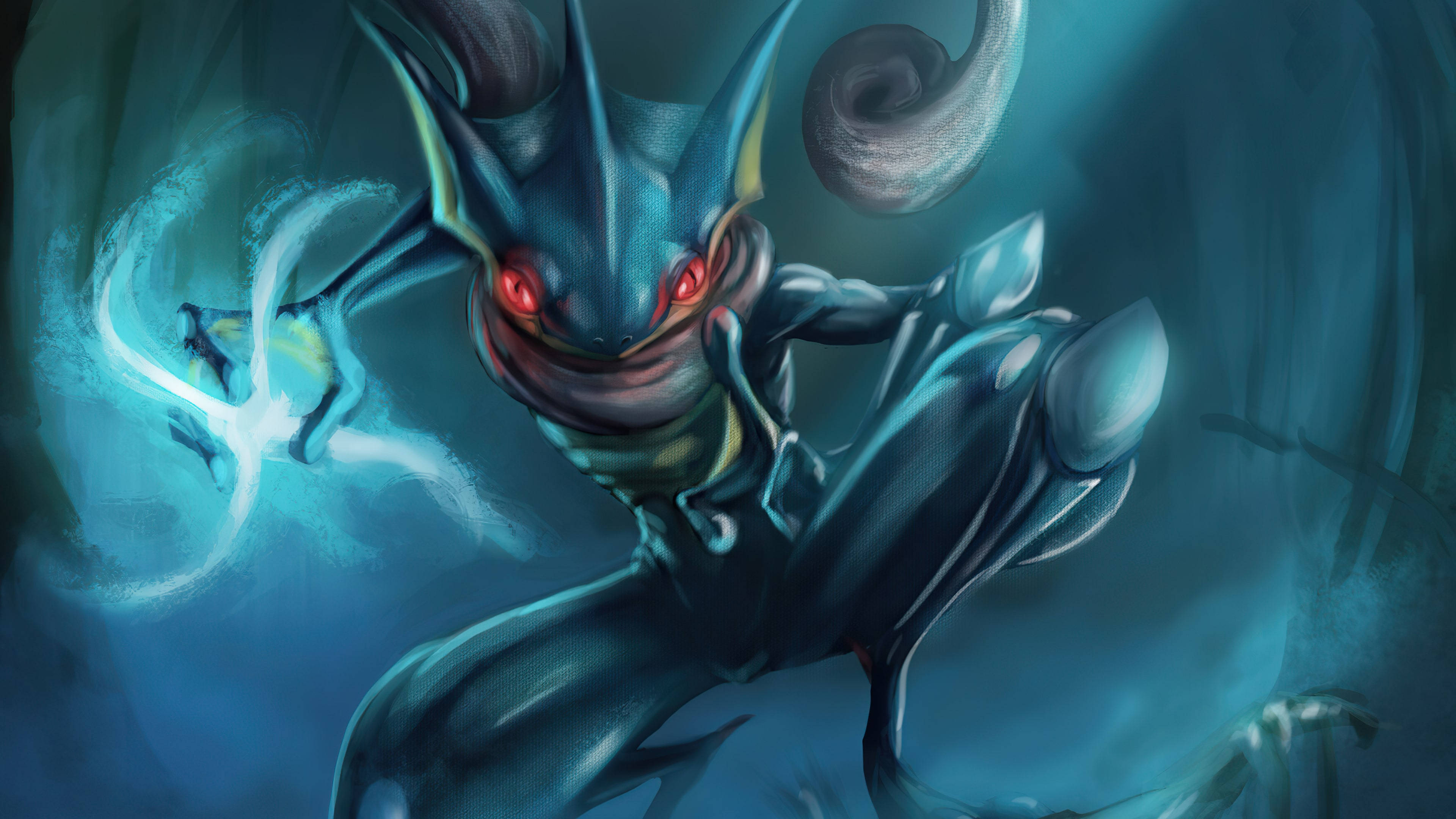 Greninja, dark blue, glowing red eyes, 4K Desktop Wallpaper