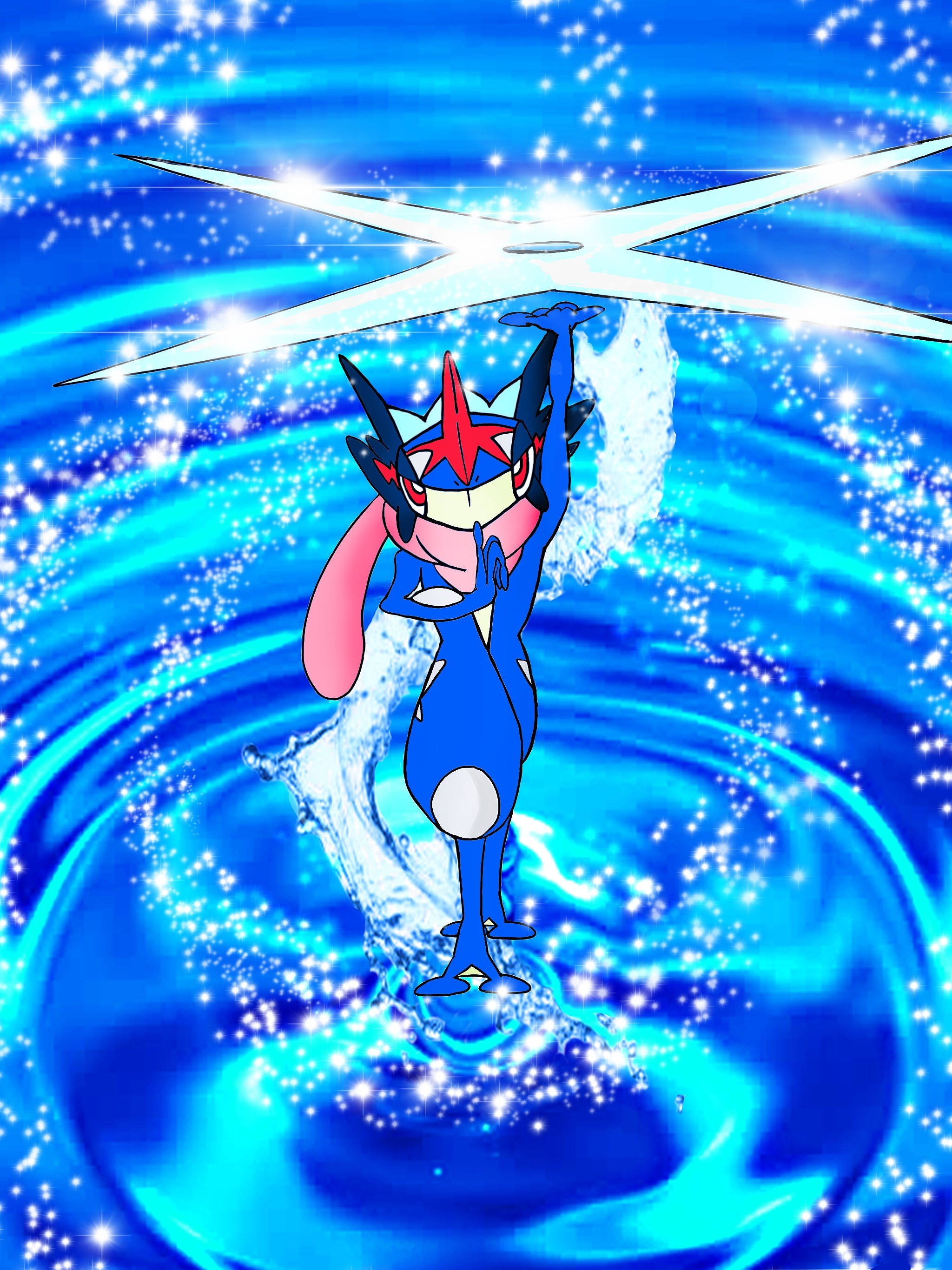 Greninja, blue anime Pokémon, swirling water, 2K Phone Wallpaper