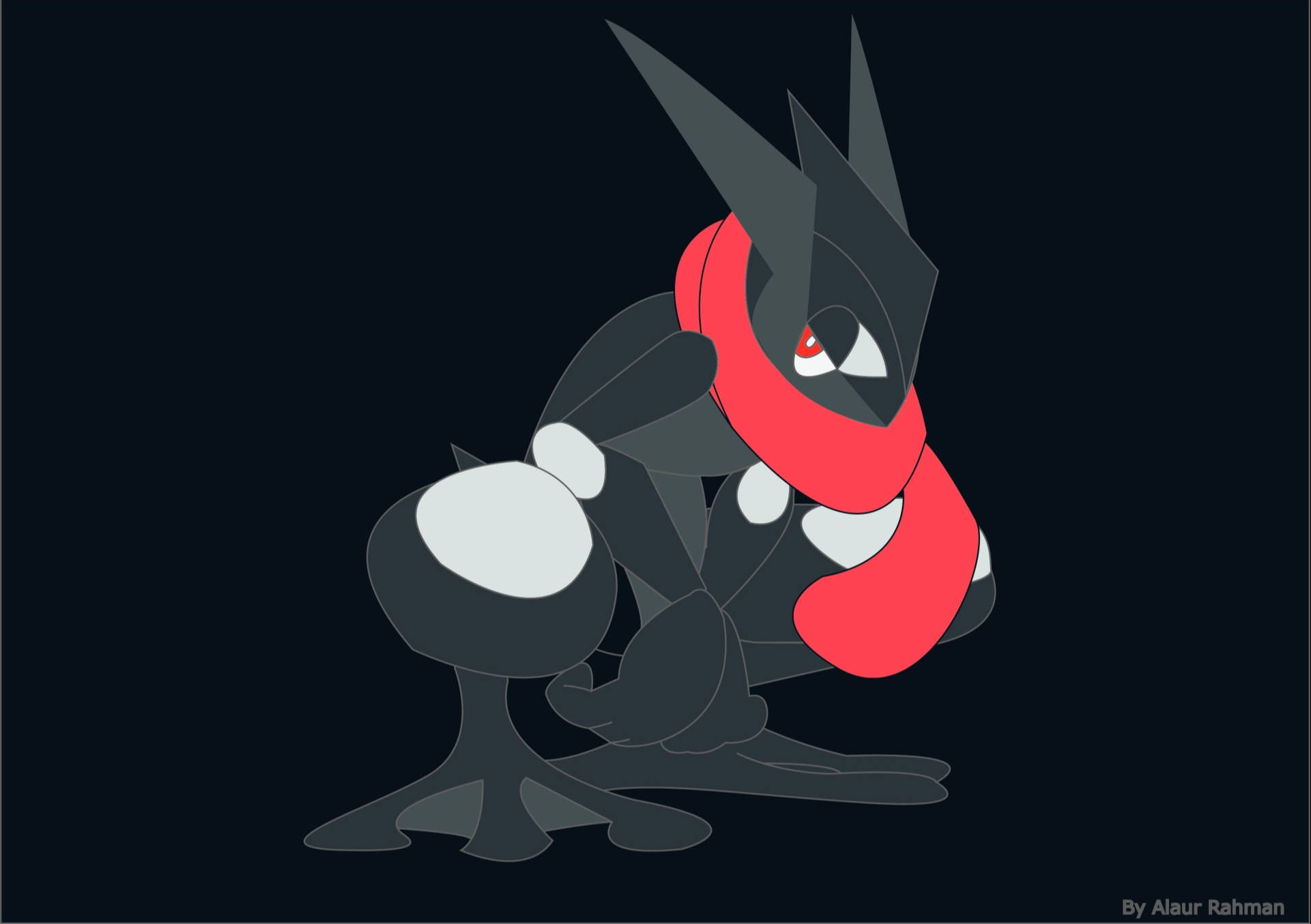 Shiny Greninja, dark gray, red scarf, Full HD Desktop Wallpaper