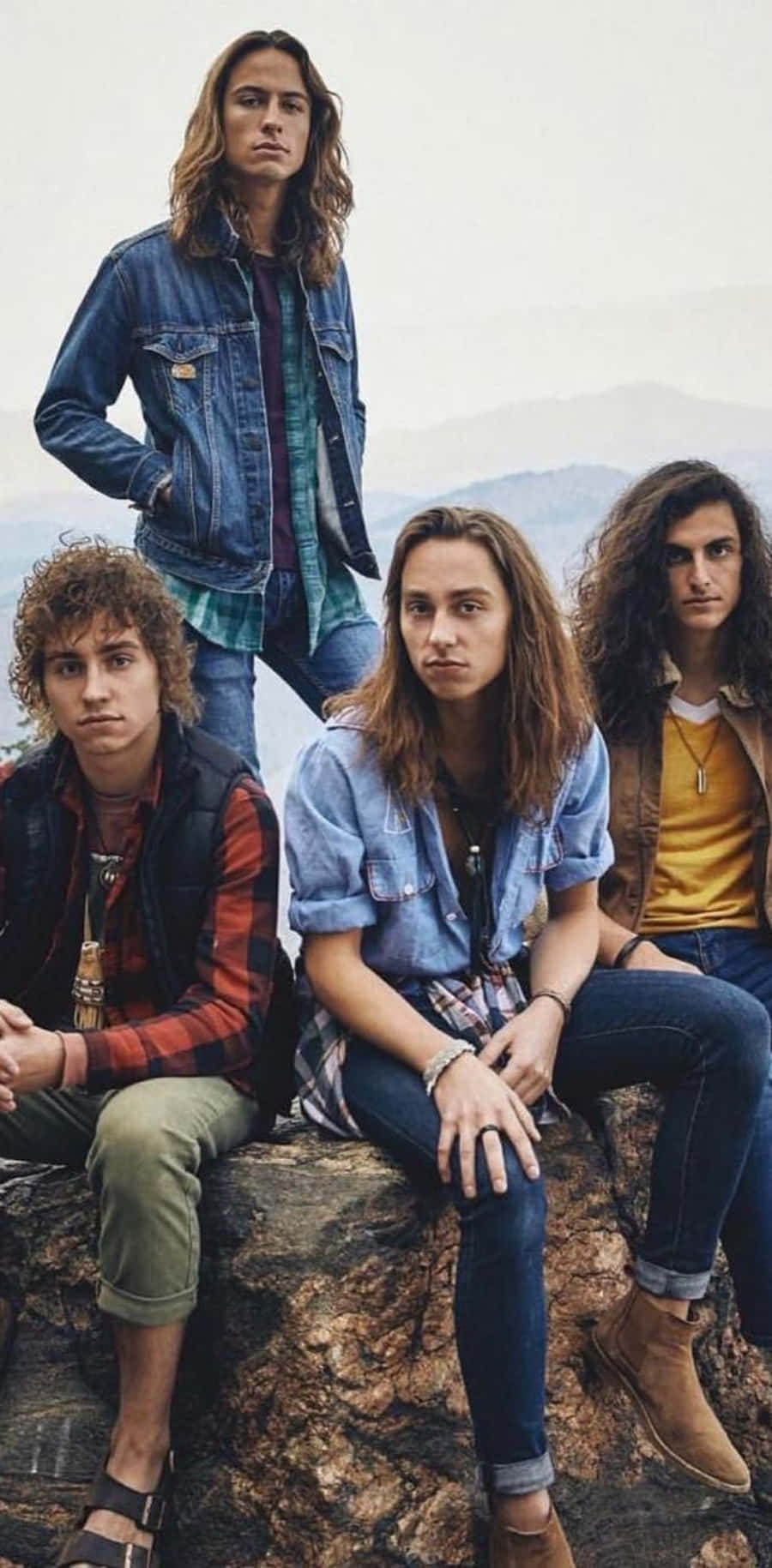 Greta Van Fleet, rocky outcrop, hazy mountain backdrop, HD Phone Wallpaper