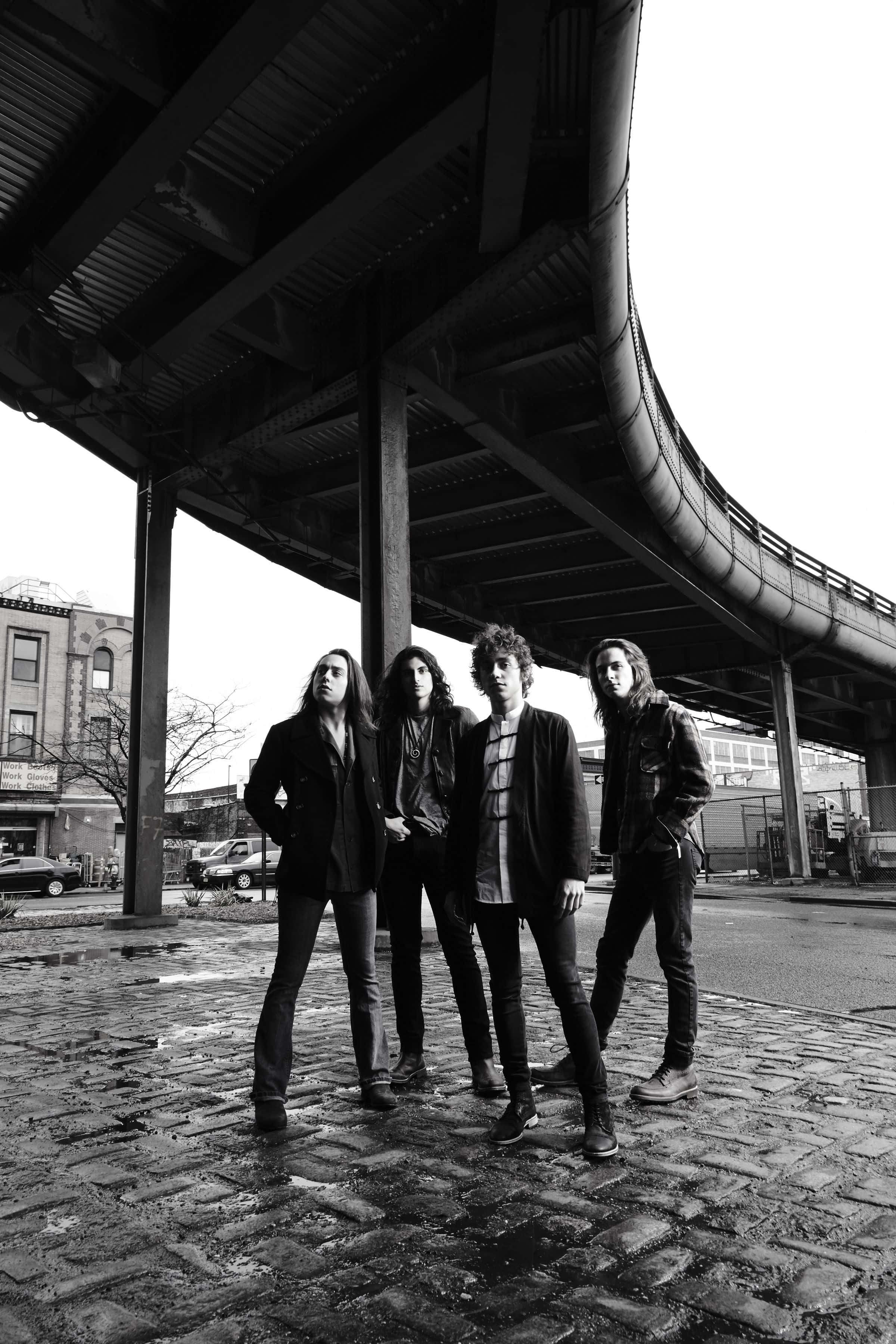 Greta Van Fleet, black and white, curved overpass, 2K Phone Wallpaper