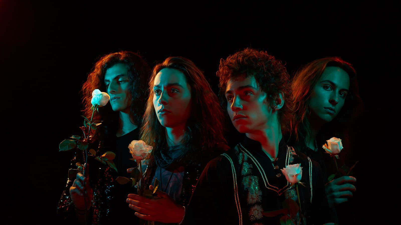 Greta Van Fleet, roses, eerie red and blue lighting, HD Desktop Wallpaper