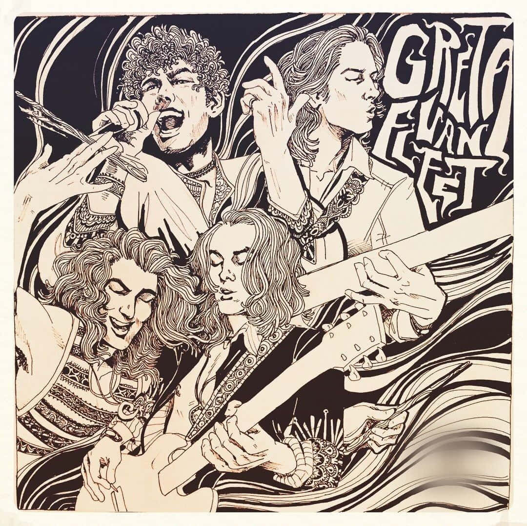 Greta Van Fleet, black and white illustration, four musicians, SD Desktop Wallpaper