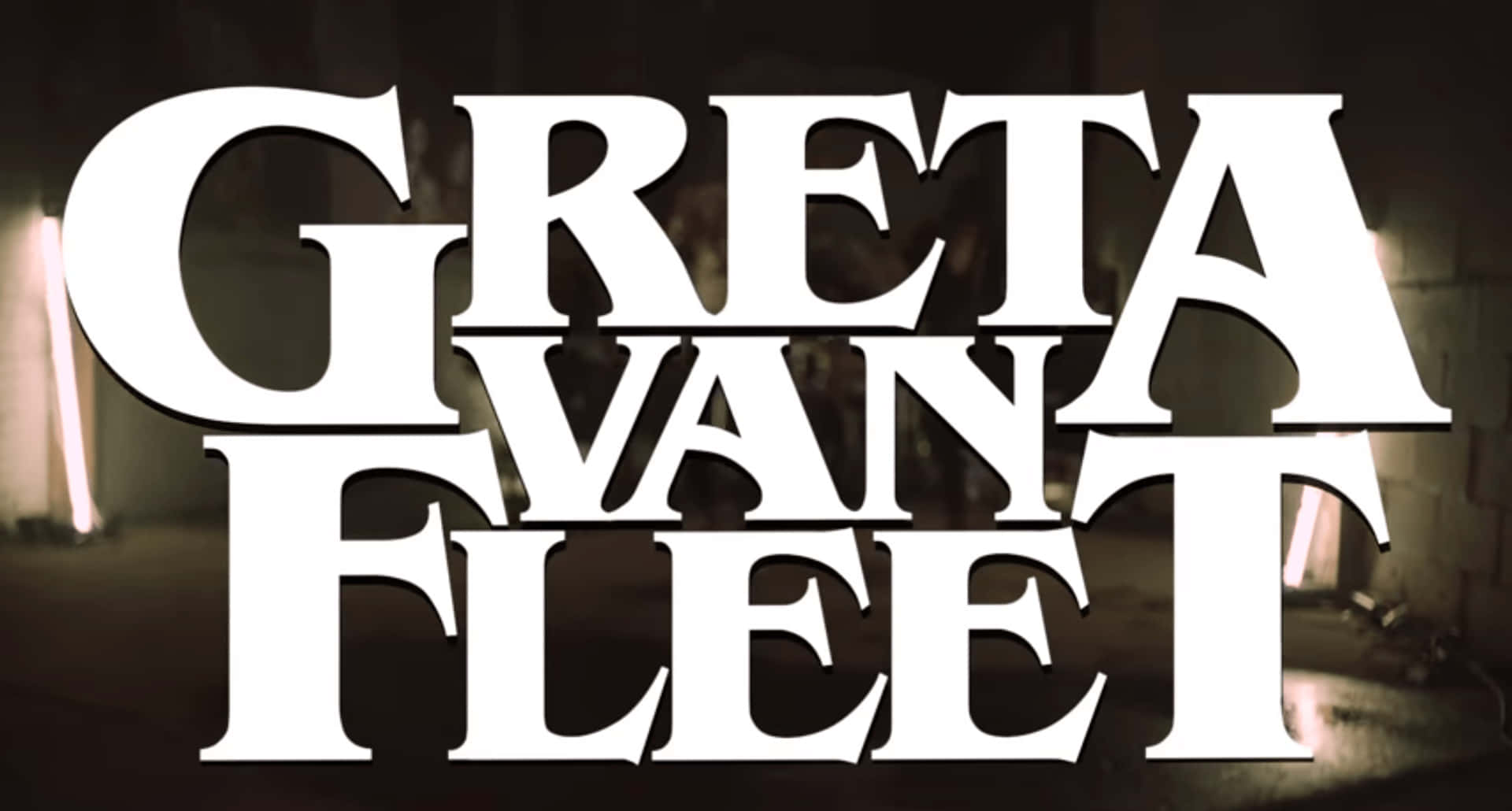 Greta Van Fleet, white text, dimly lit industrial background, Full HD Desktop Wallpaper