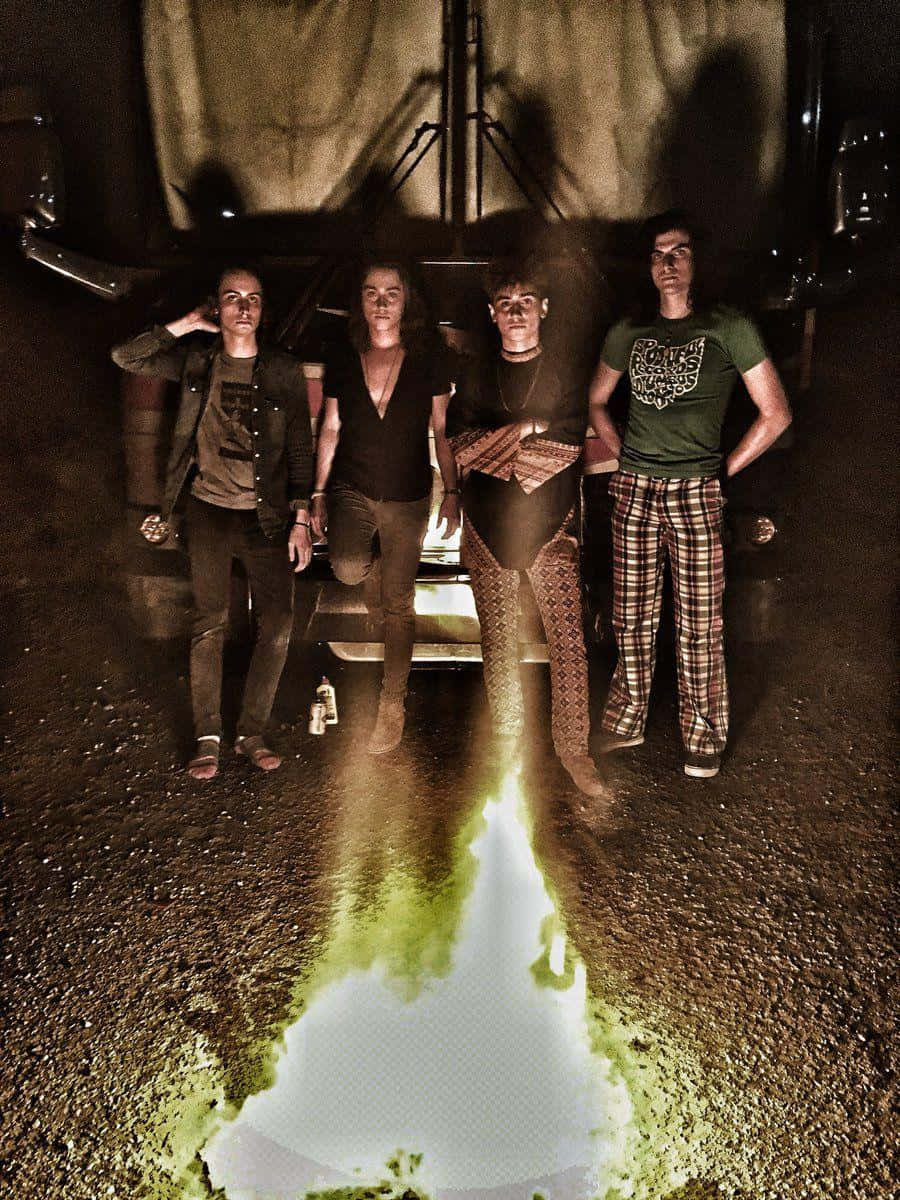 Greta Van Fleet, garage, glowing green liquid, SD Phone Wallpaper
