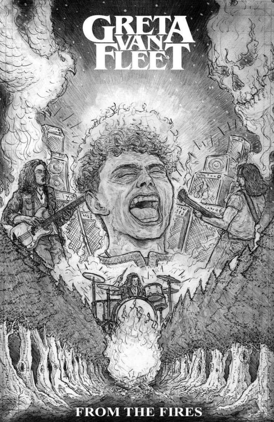 Greta Van Fleet, black and white illustration, screaming man's head, HD Phone Wallpaper
