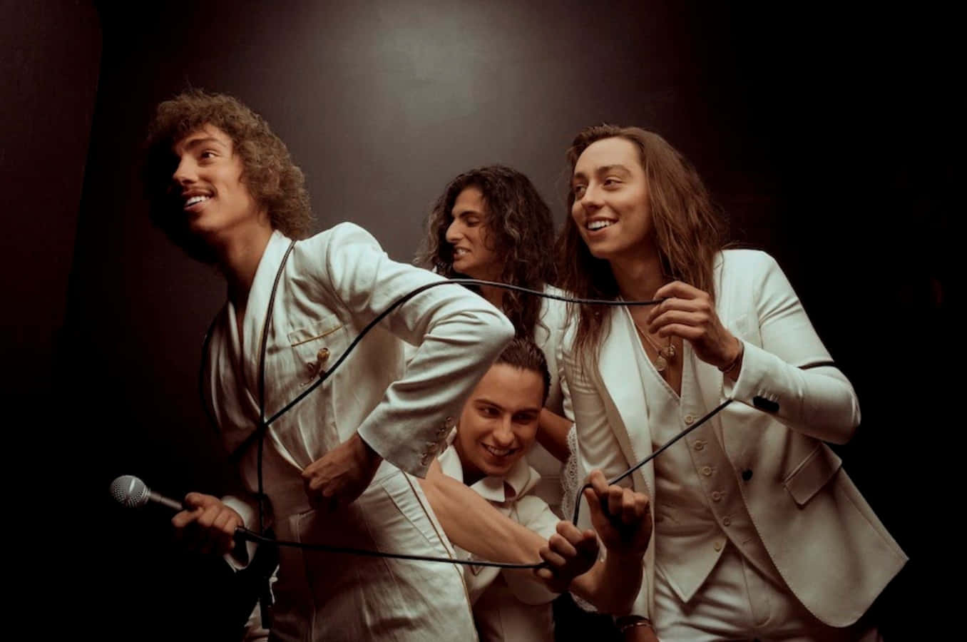 Greta Van Fleet, white suits, microphone cables, HD Desktop Wallpaper