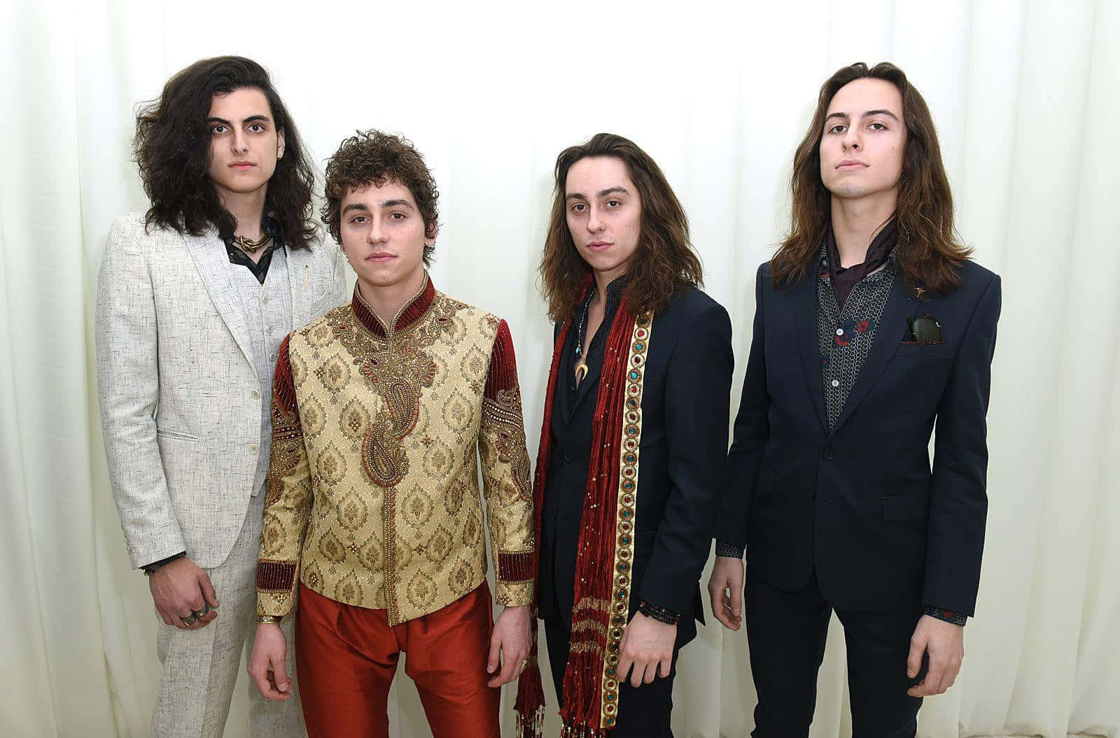 Greta Van Fleet, formal suits, white curtain backdrop, HD Desktop Wallpaper