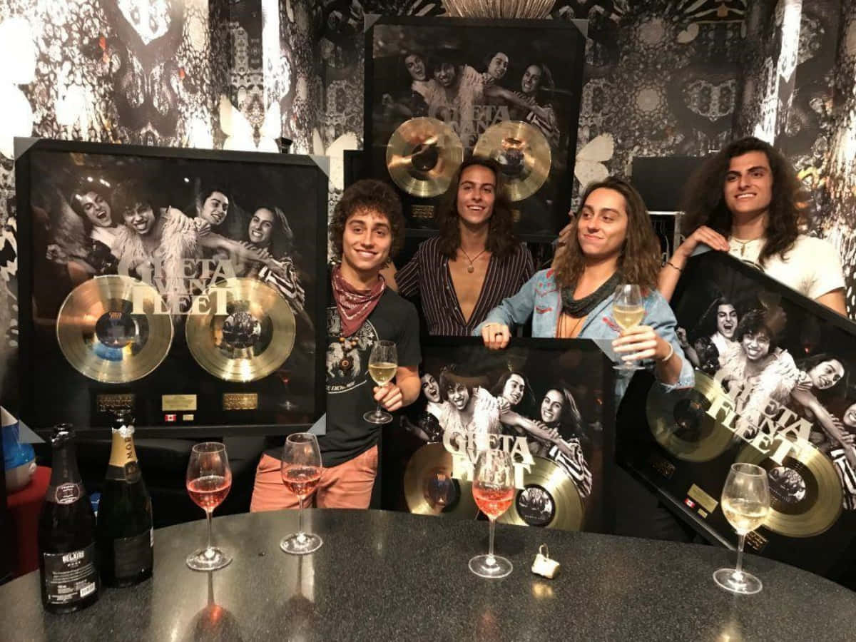 Greta Van Fleet, gold records, patterned wallpaper, SD Desktop Wallpaper