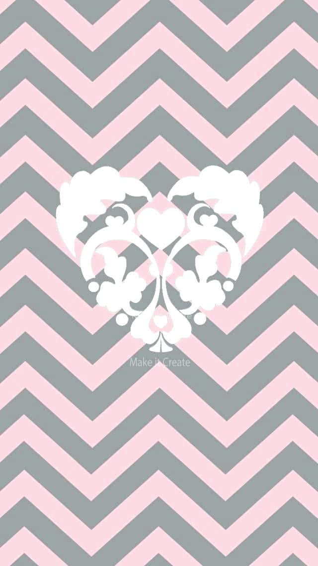 chevron pattern, white ornate heart-shaped damask design, pink and gray, SD Phone Wallpaper