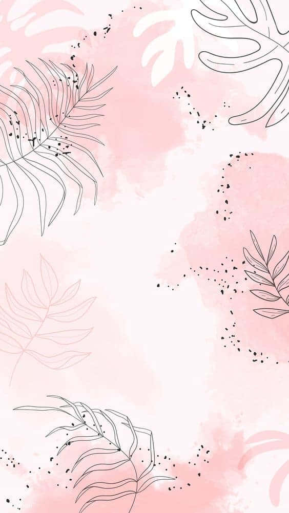 tropical leaves, soft pink watercolor washes, ink speckles, SD Phone Wallpaper