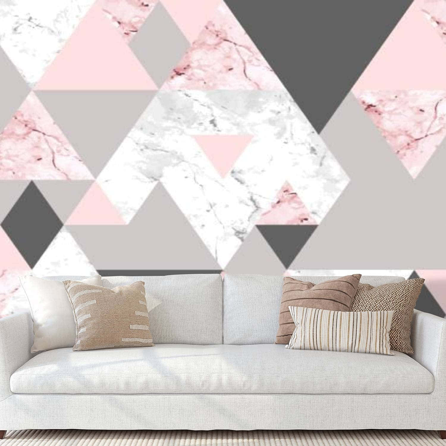 grey and pink, white sofa, geometric wallpaper, HD Desktop Wallpaper