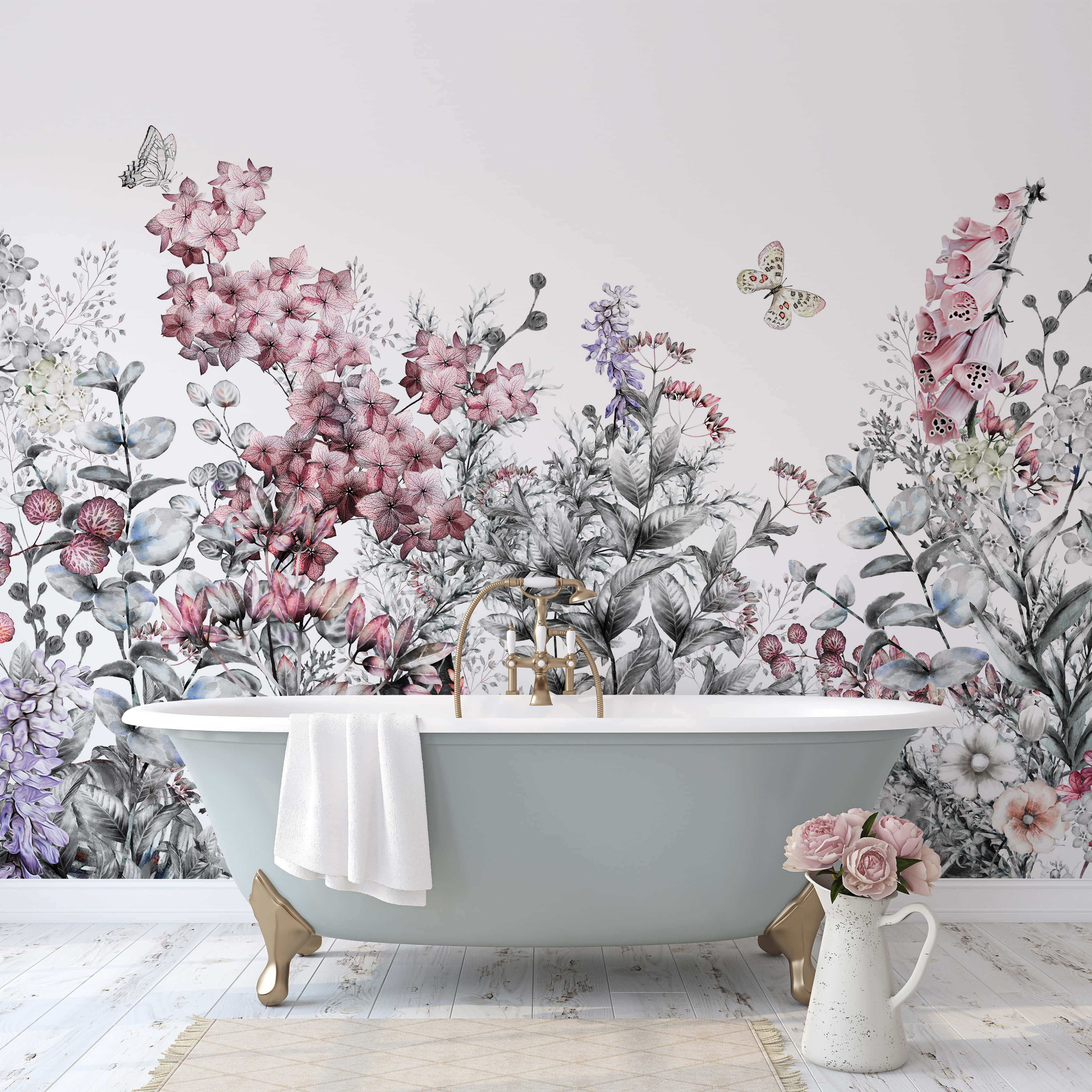 vintage clawfoot bathtub, lush floral wallpaper, pink and purple blooms, 2K Desktop Wallpaper