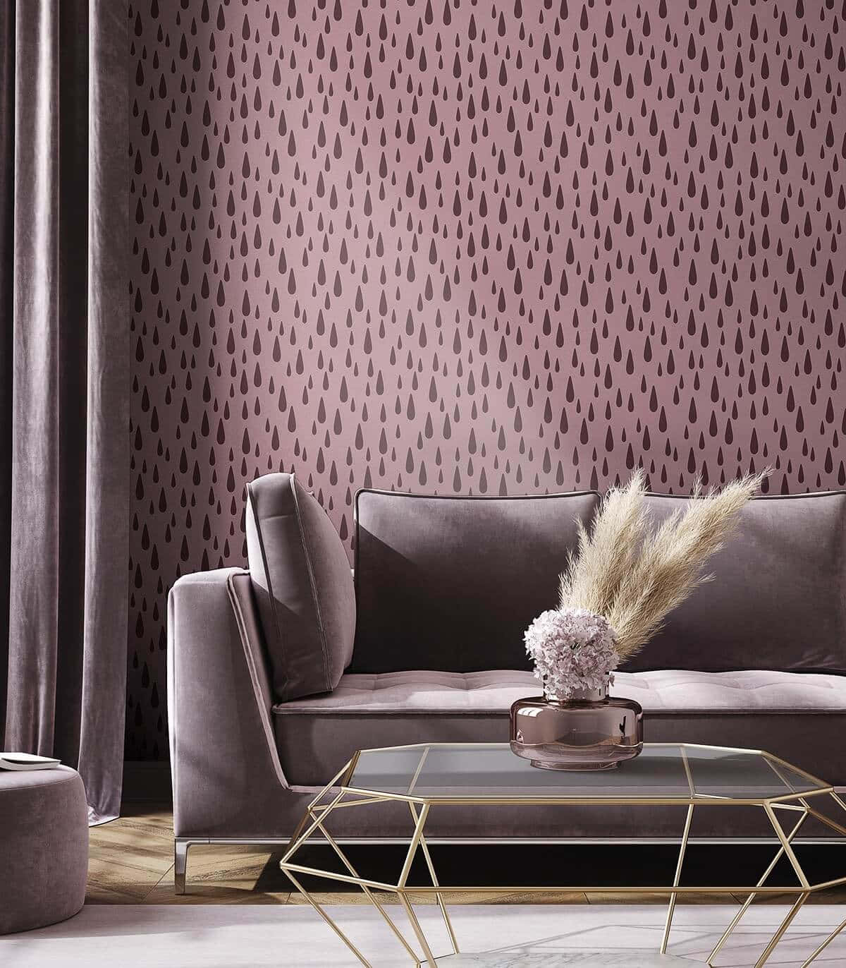 mauve velvet sofa, mauve wallpaper, dark teardrop patterns, HD Phone Wallpaper