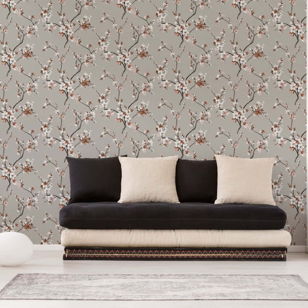 gray wallpaper, black and cream cushions, delicate white and brown cherry blossom branches, SD Desktop Wallpaper