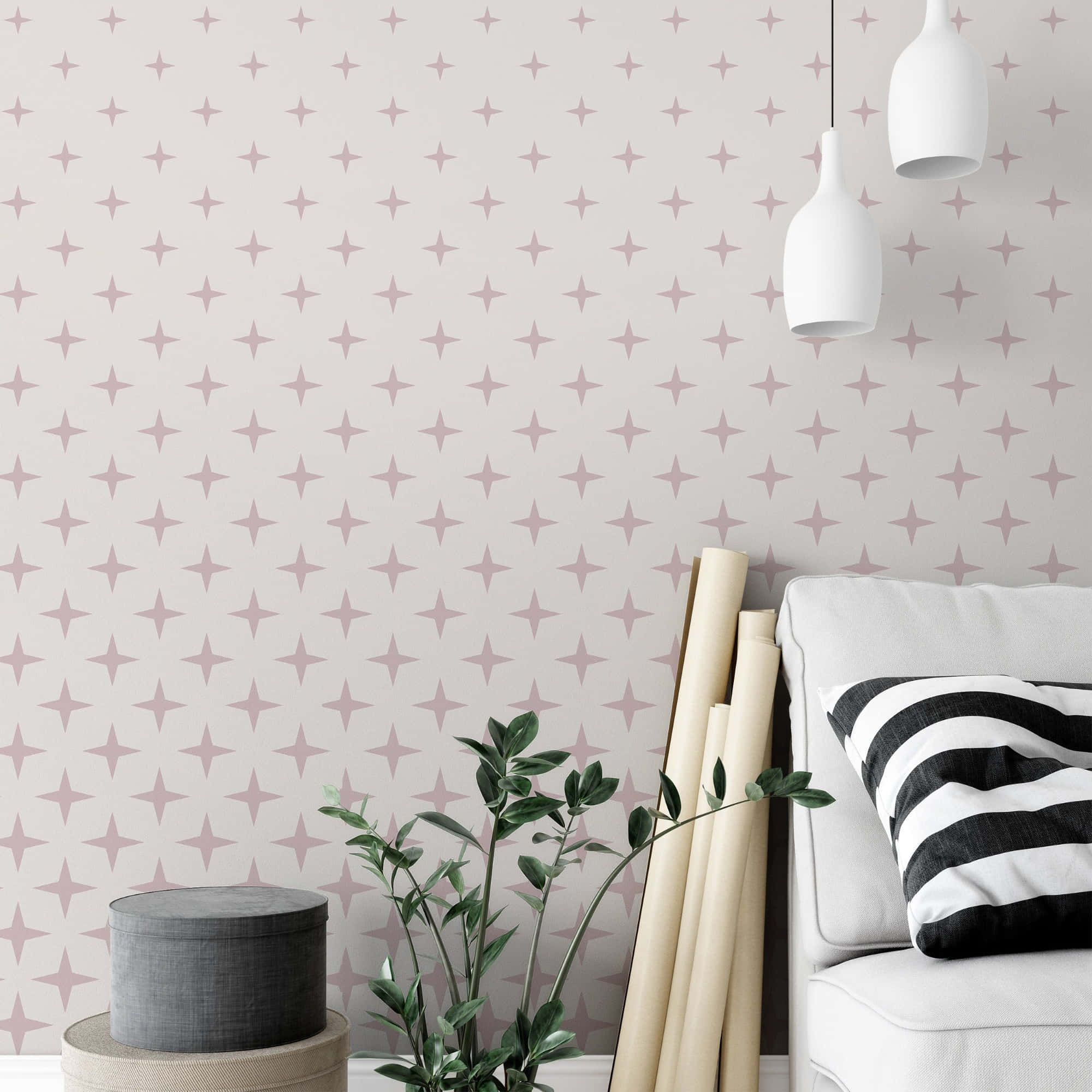 pink wall, white couch, pale pink star patterned wallpaper, Full HD Desktop Wallpaper